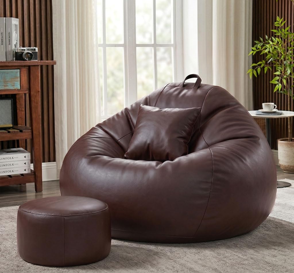 Sattva Classic 2XL Bean Bag Chair with Beans Filled | Faux Leather Sofa Style Beanbags with Footstool & Cushion | Pre-filled Bin Bag Sofa for Adults & Kids | Beam Bag Seating for Home & Office - Brown-picture-24