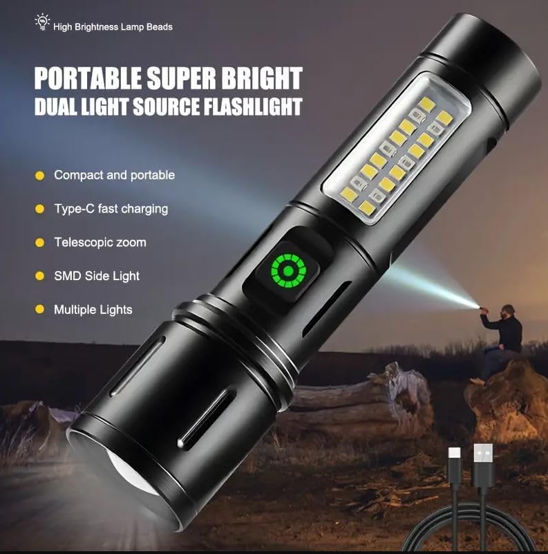 Image of Sarjak Rechargeable Aluminum Alloy Flashlight - Black | with Three Level Lights Adjustments | Durable and Waterproof Torch Light for Camping, Hiking and Outdoors | Compact & Portable LED Torch