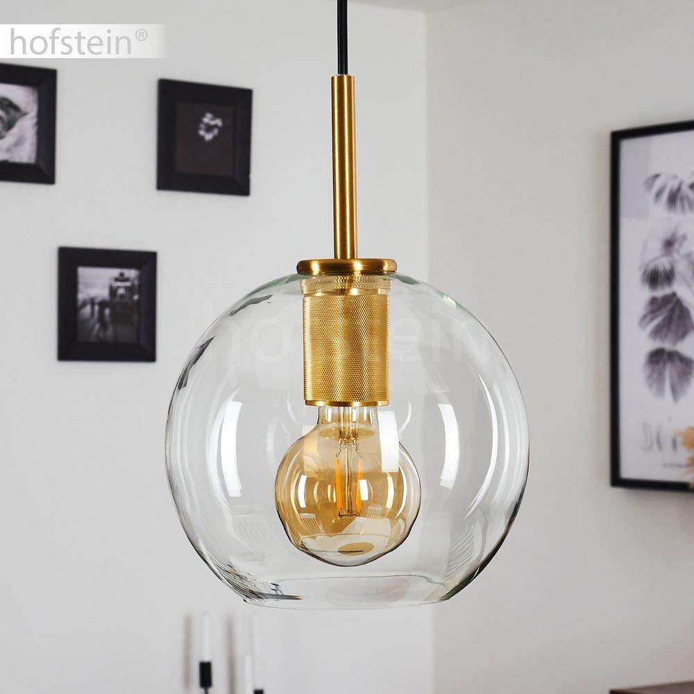 HOFSTEIN Hängeleuchte Karo, 1-flammige Hängelampe aus Metall/Glas in Goldfarben/Klar, moderne Pendelleuchte im Retro/Vintage-Design, Ø 18 cm, Höhe max. 125 cm, E27, Esszimmer, Küche, Wohnzimmer