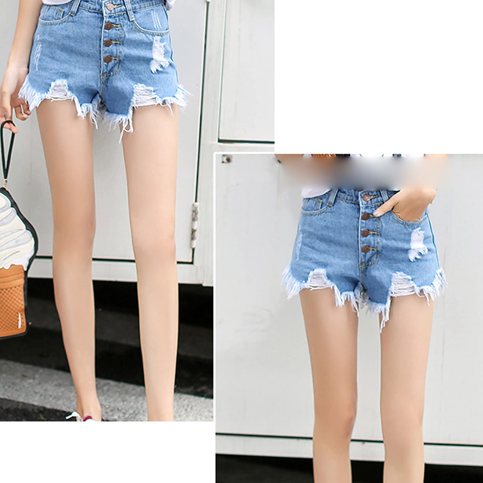 JEKE-DG Women Casual High Waisted Denim Shorts Frayed Raw Hem Ripped Jeans Shorts Stretchy Distressed Denim Shorts (Medium,Blue)