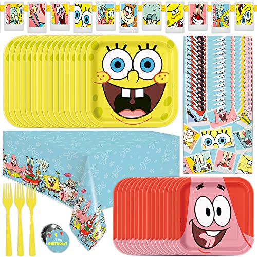 Unique Spongebob Birthday Decorations | Spongebob Party Decorations | Spongebob Party Supplies | Serves 16 Guests | With Banner Spongebob Tablecloth Dinner & Cake Plates Napkins Forks Button