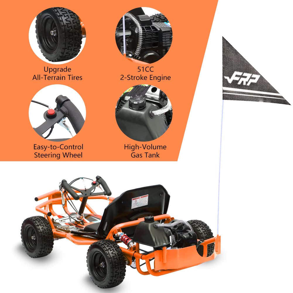 FRP 51CC, 2Stroke (AirCooled) Kids Gas Go Kart, Support Up to 175 lbs