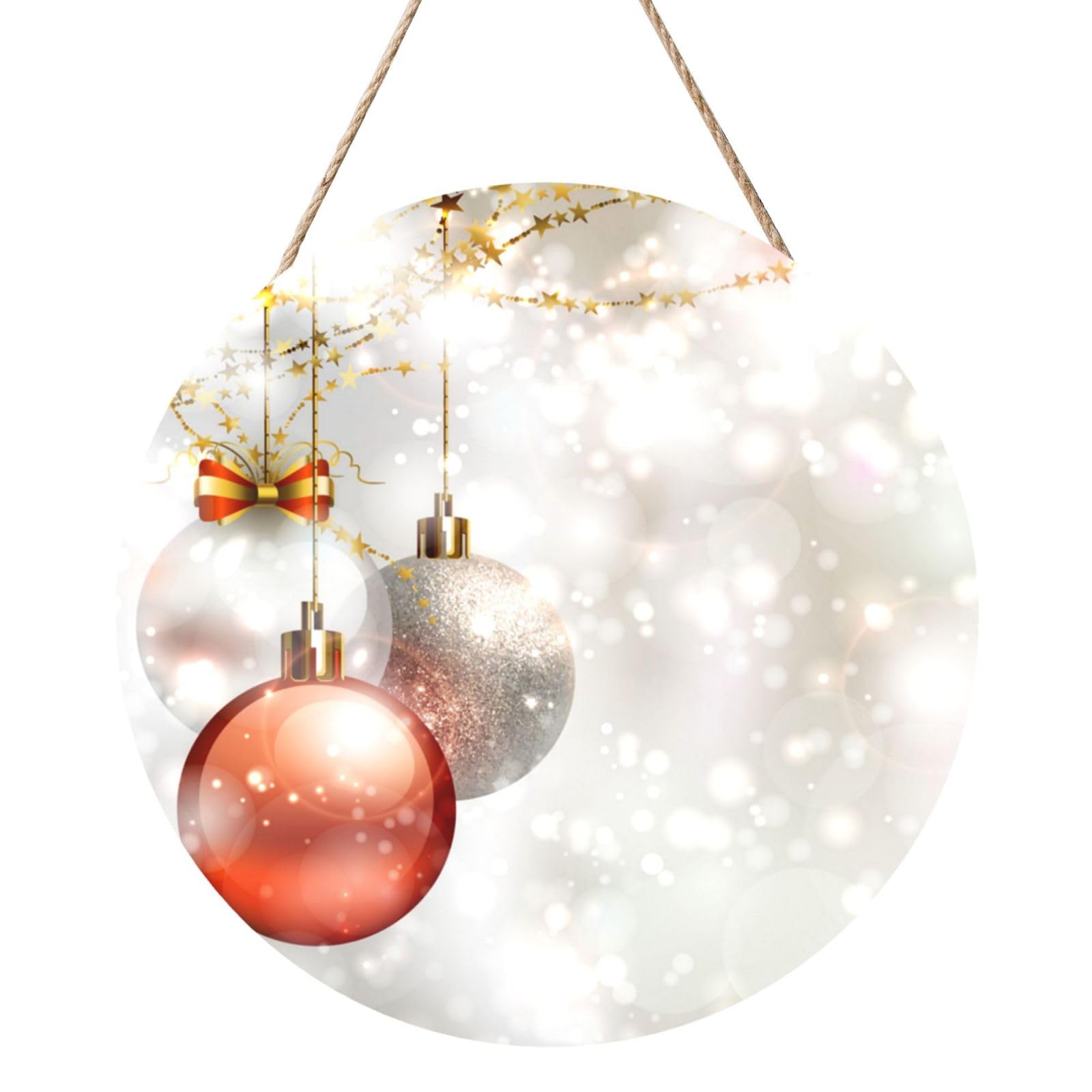 InOmak Xmas Balls Print, Round Wood Panel Painting 12 in, Wall Hanging Painting For Home