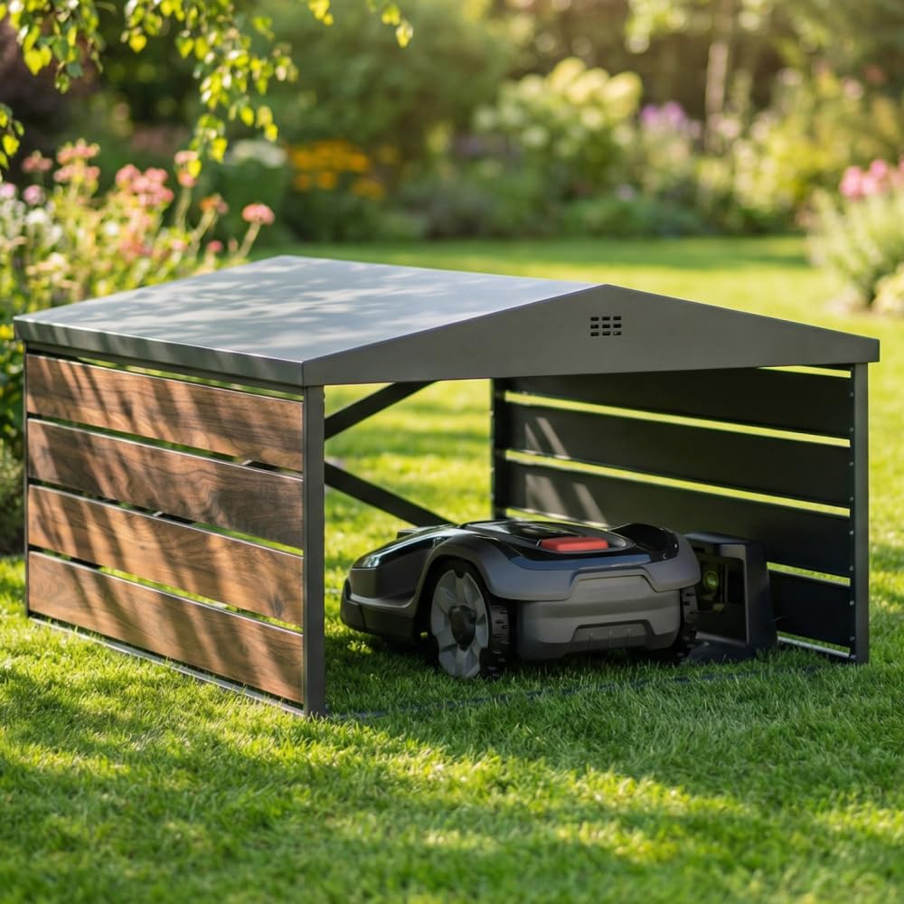 CASABEL Mähroboter Garage aus verzinktem Stahl in Schwarz und Holzoptik, modernes Design mit Satteldach für optimalen Wasserablauf, 84×72×45 cm, universal