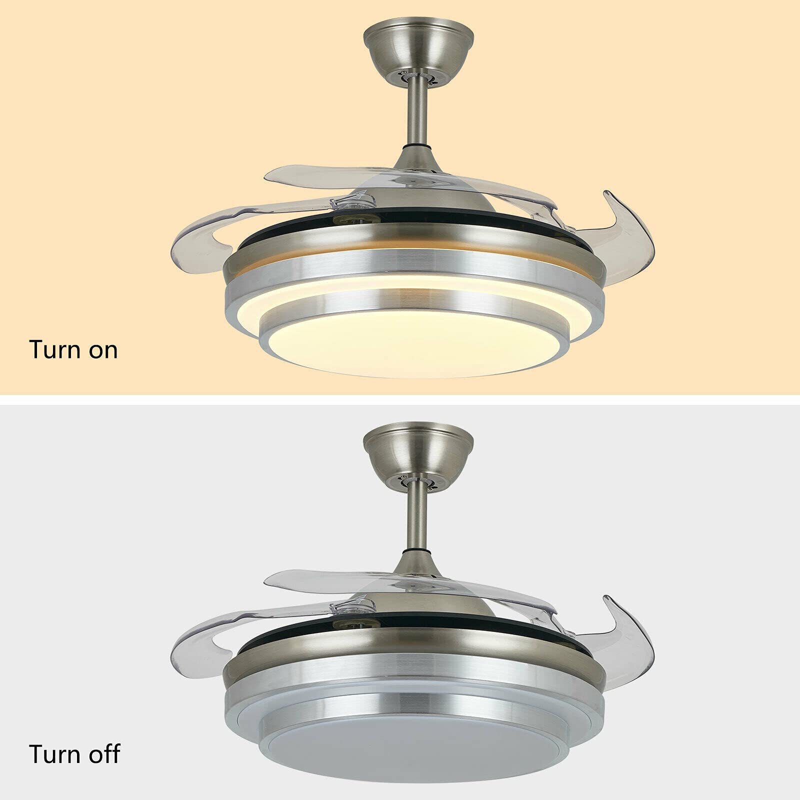 Ventilatore da soffitto moderno con illuminazione, luce a LED, telecomando retrattile con 3 ali retrattile, telecomando regolabile