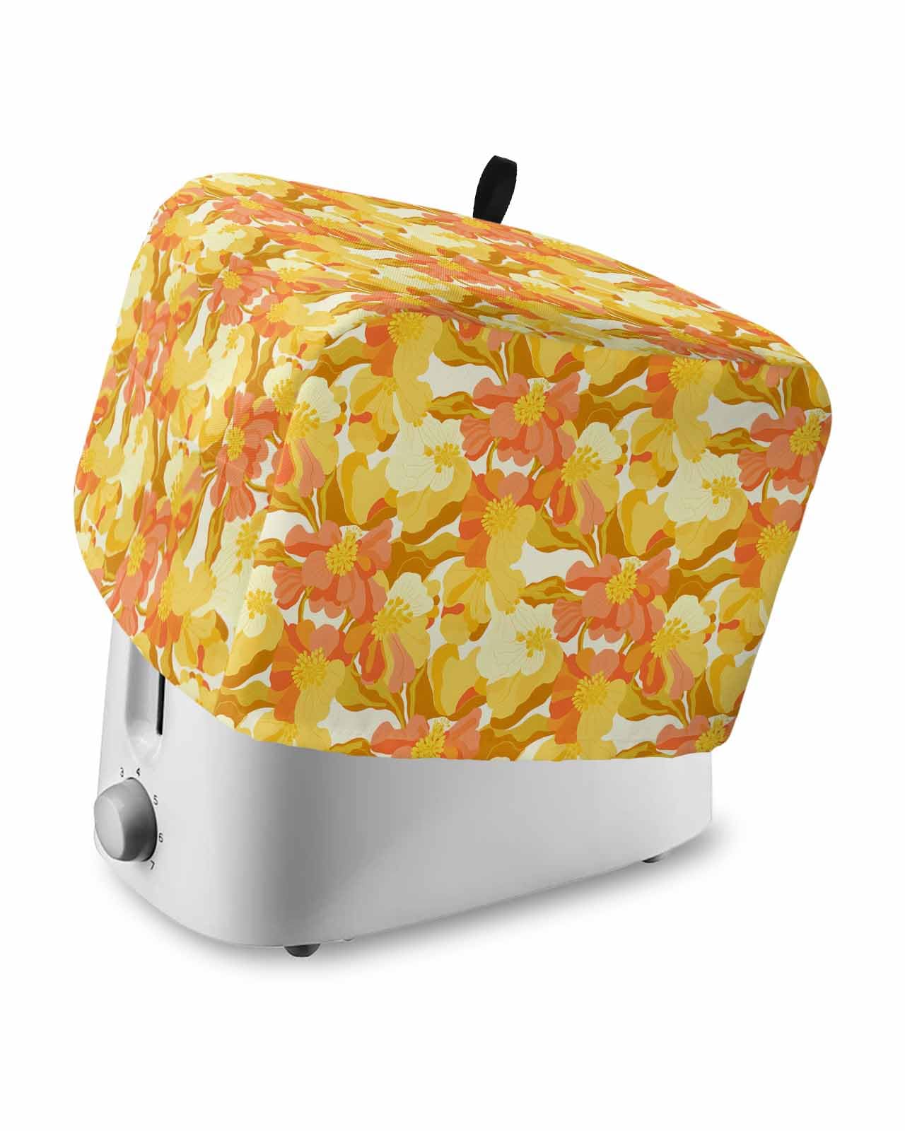 Orange Flowers Toaster Cover 4 Slice, Vintage Floral Country Rustic Pastoral Dustproof Bread Machine Oven Cover with Storage Pockets, Fits Most Kitchen Toasters Protector