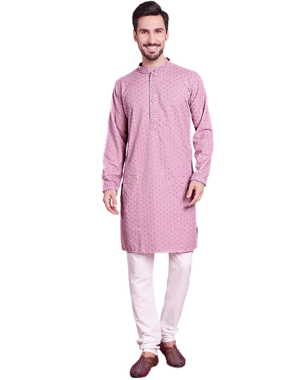 Men's Regular Fit Cotton Chikankari Embroidered and Sequence Kurta Churidar Set.-image-35