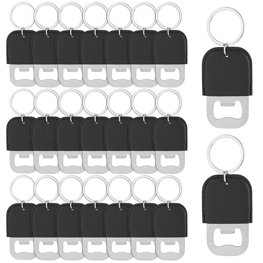 CTRLZS 24Pack PU Bottle Opener Keychain Stainless Steel Beer Openers Blanks for Wedding Partys Favors Black