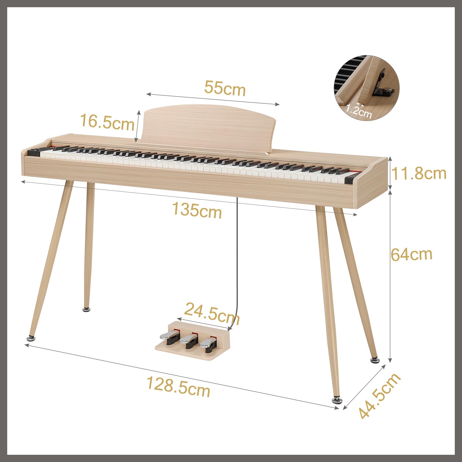 Bonnlo Piano GDP-203 Clavier numérique 88 touches standard entièrement pondéré avec support en métal, adaptateur secteur, triple pédales, casque, pour tous les niveaux, Bois de technologie naturelle