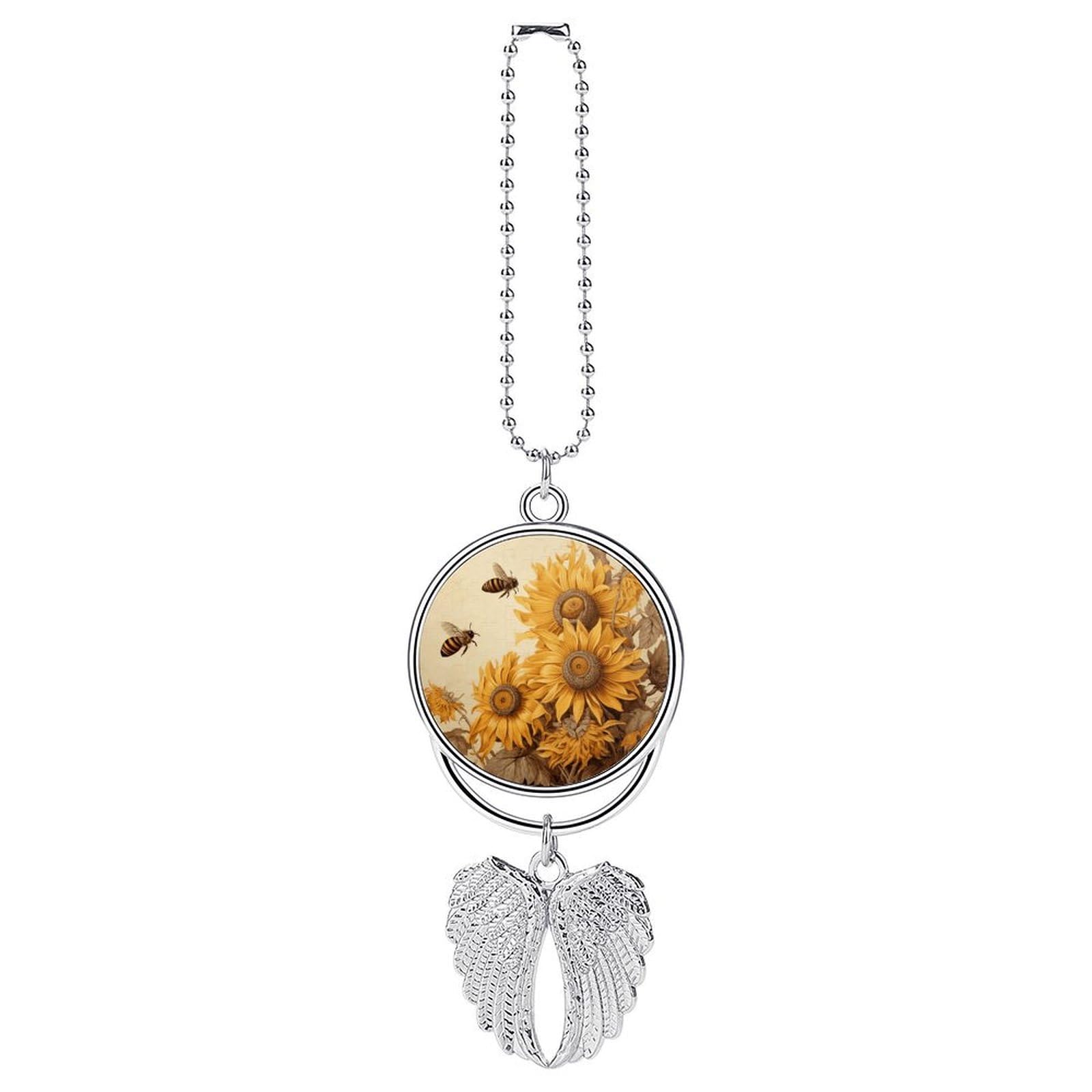 Bees and Sunflowers on Old Paper Car Pendant Car Rearview Mirror Pendant Custom Photo Car Hanging Ornament Car Rear View Mirror Hanging Accessories Angel Wing Car Charm Gift for Men Women