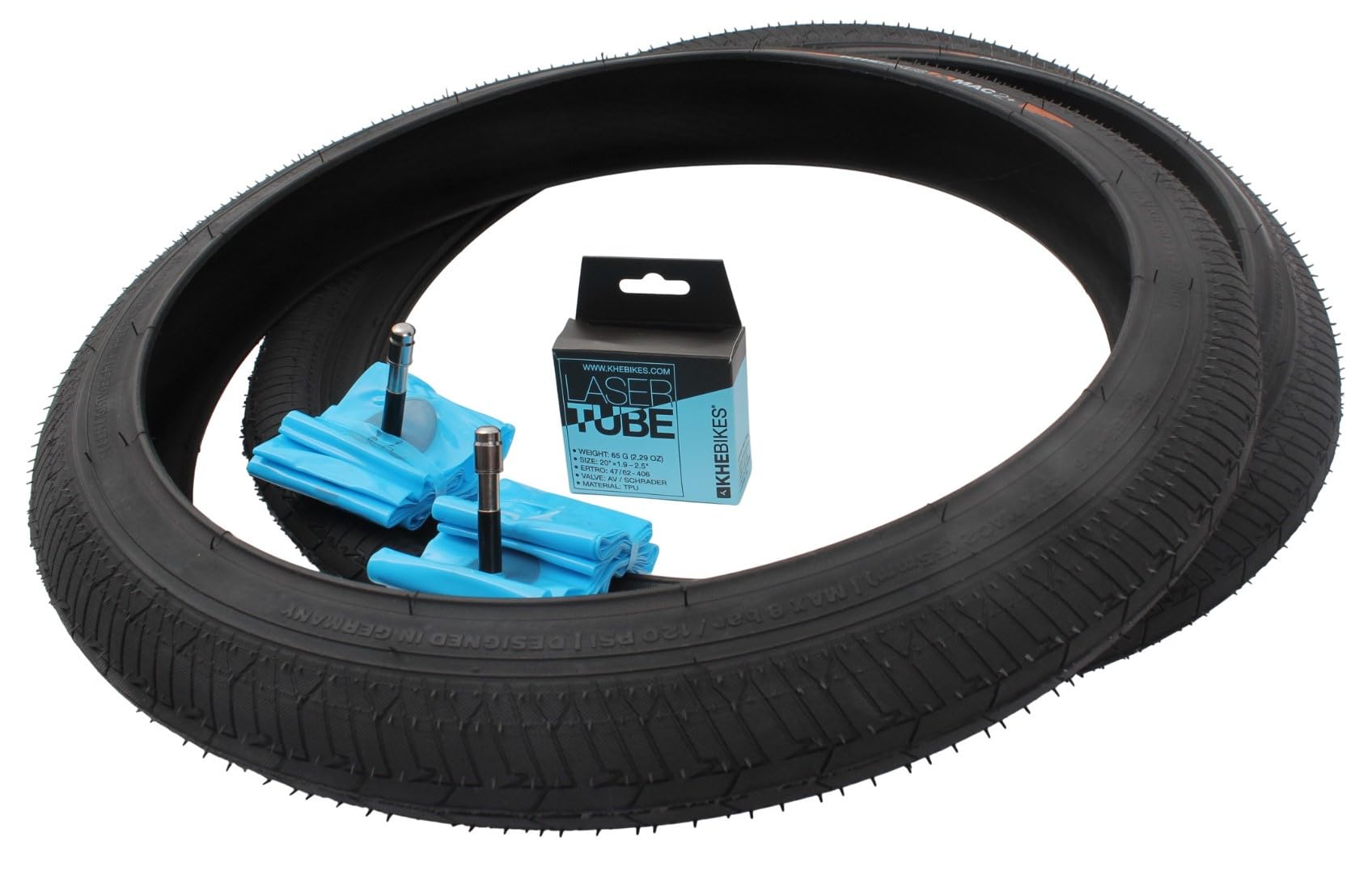 KHE MAC2+ BMX zestaw opon 20 cali – oszczędność 1,24 kg – 2 x opony druciane 2,30 – 2 x dętka TPU – Street & Park Performance