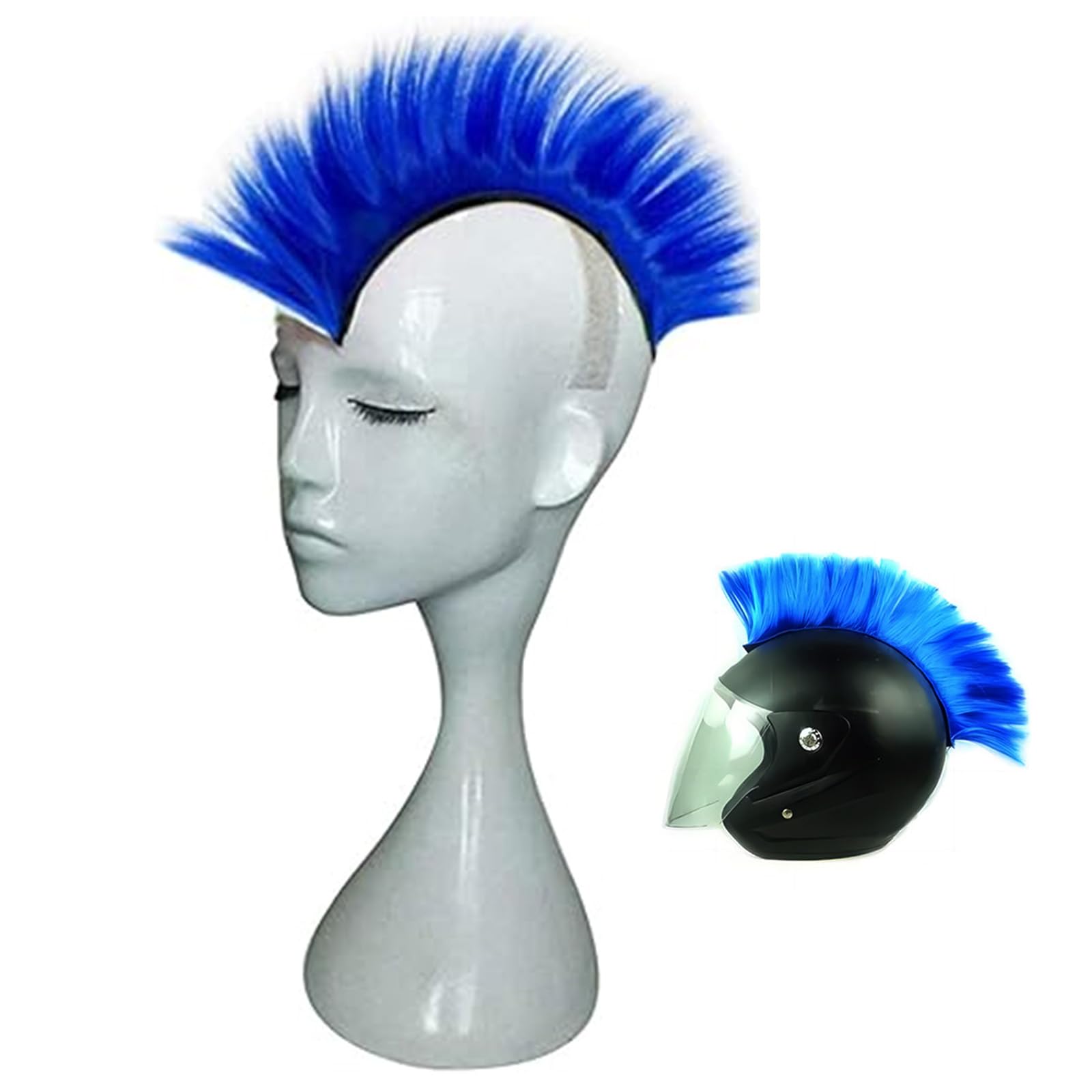 BRTNUP Helmet Mohaw-k Wigs, Motorcycle Helmet Mohaw-k Synthetic Wigs Self Adhesive Mohaw-k Hairpiece Decoration for Motorcycle Helmet Fancy Punk Helmet Wig Decoration for Bike Ski Scooter (Blue)