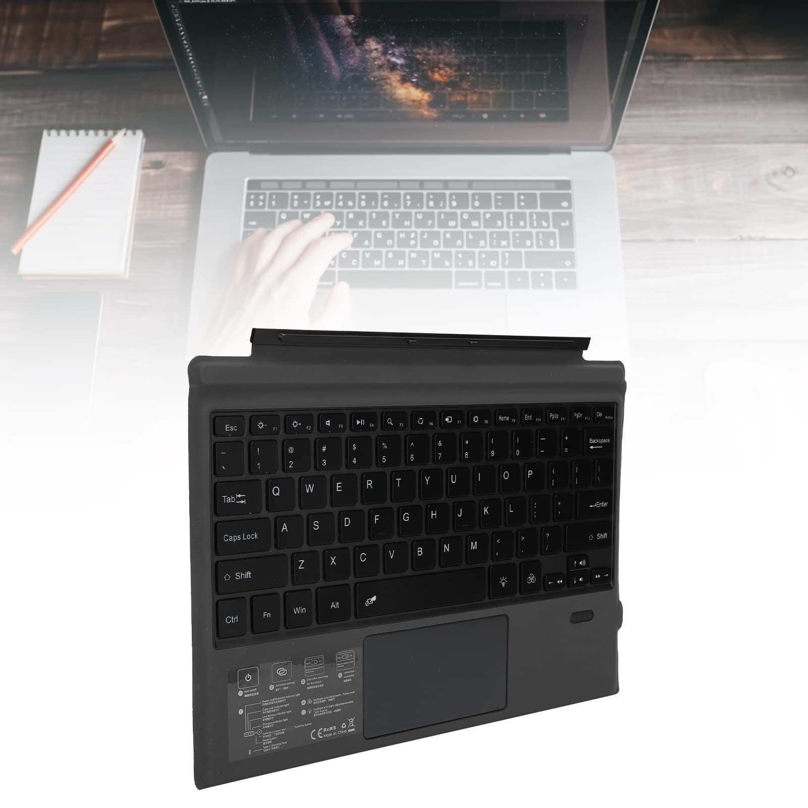Tastiera Wireless Rimovibile con Touchpad, LED Retroilluminato a 7 Colori per Pro 7/6/5/4/3, Adatta per Impiegati, Nera