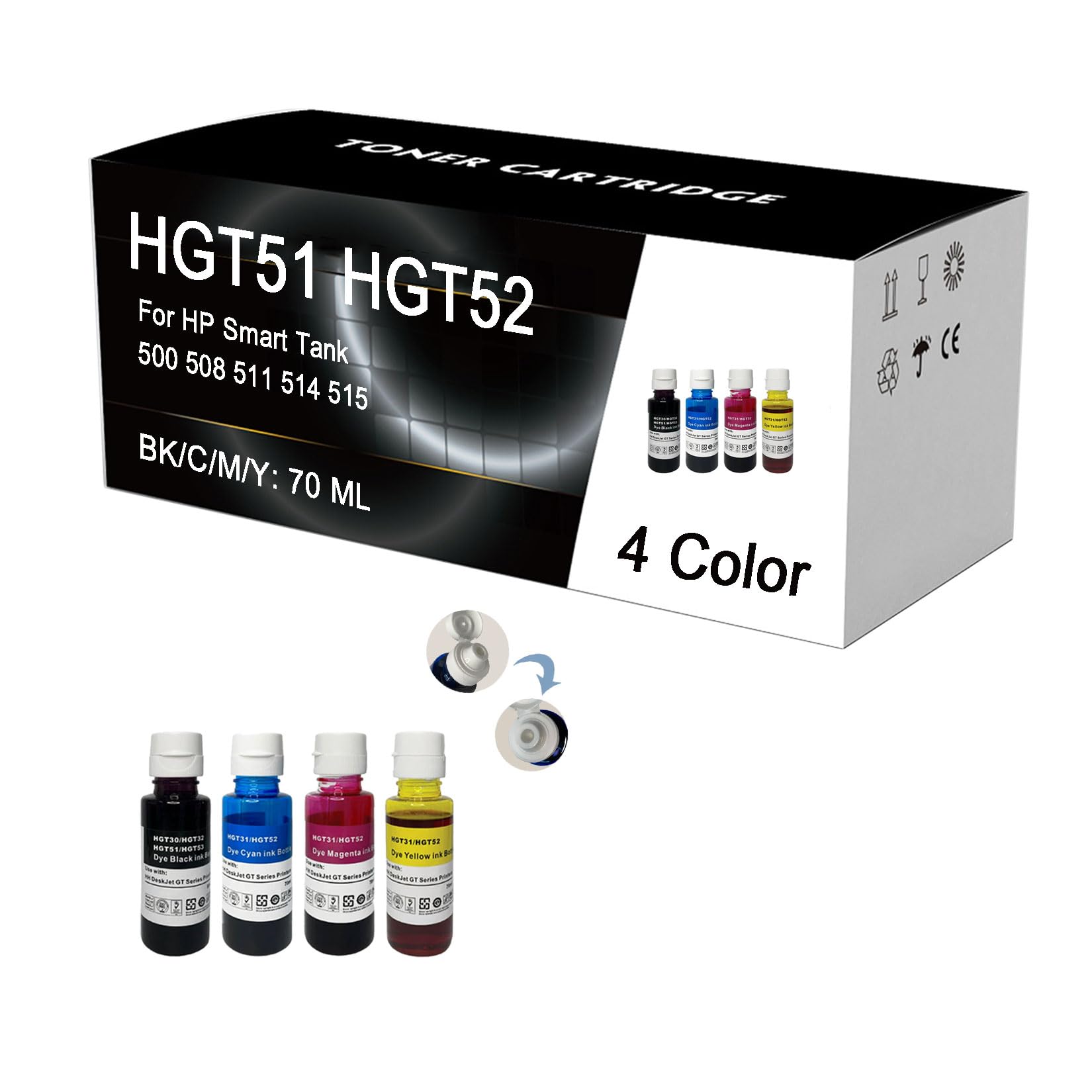 Klxfj 4 Color Hgt51 Hgt52 Refill Ink Bottles Compatible For Hp 500 508 511 514 515 516 517 518 519 Printers, High Yield Gt51 Gt52 Ink Water Based Bottles 70Ml,-1 Set