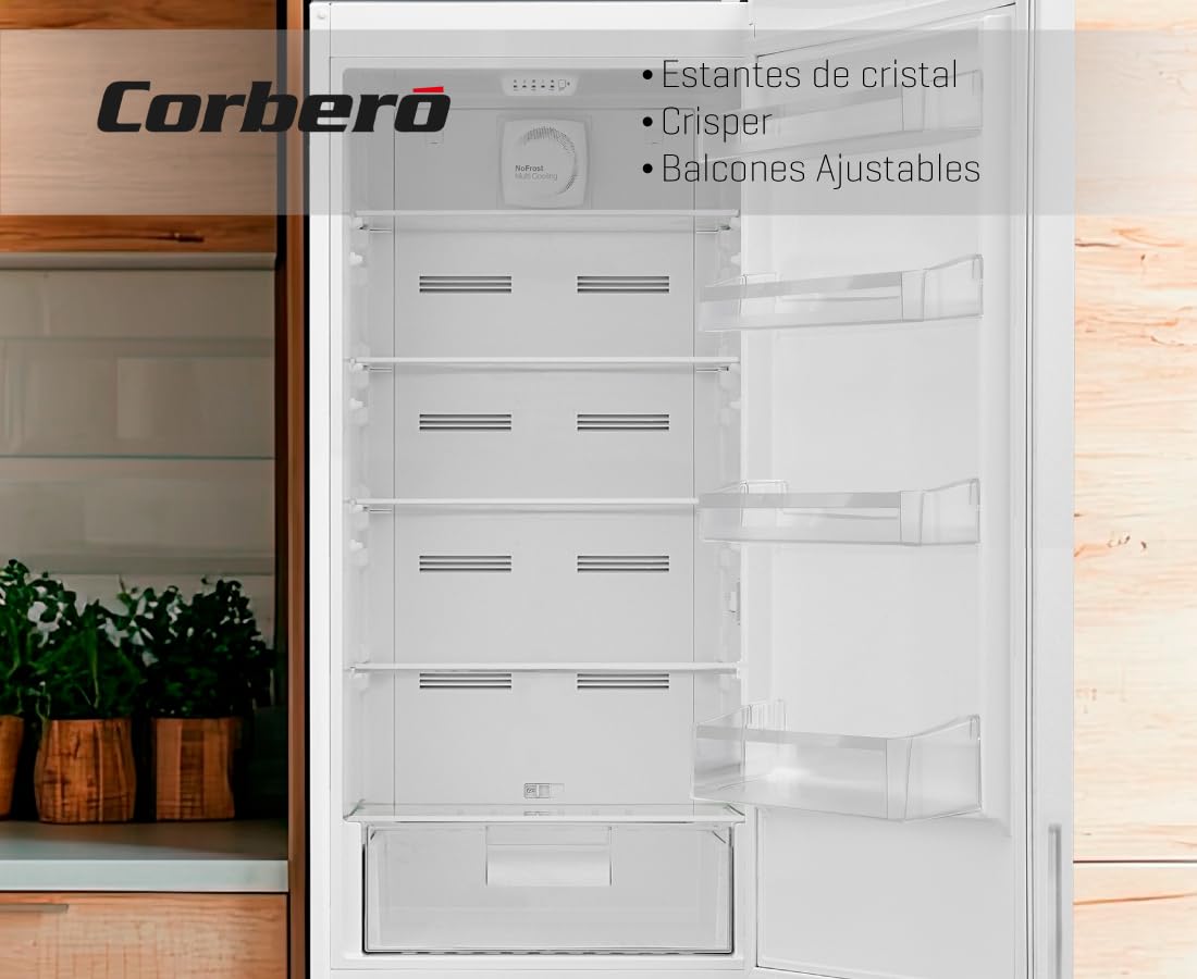 Corberó - Frigorífico Combi | CC200V24NFW | 327L | 60x59,5x201 | No Frost, Luz LED, Crisper, Balcones Ajustables, Estantes de Cristal, Huevera | 39 Db | Blanco