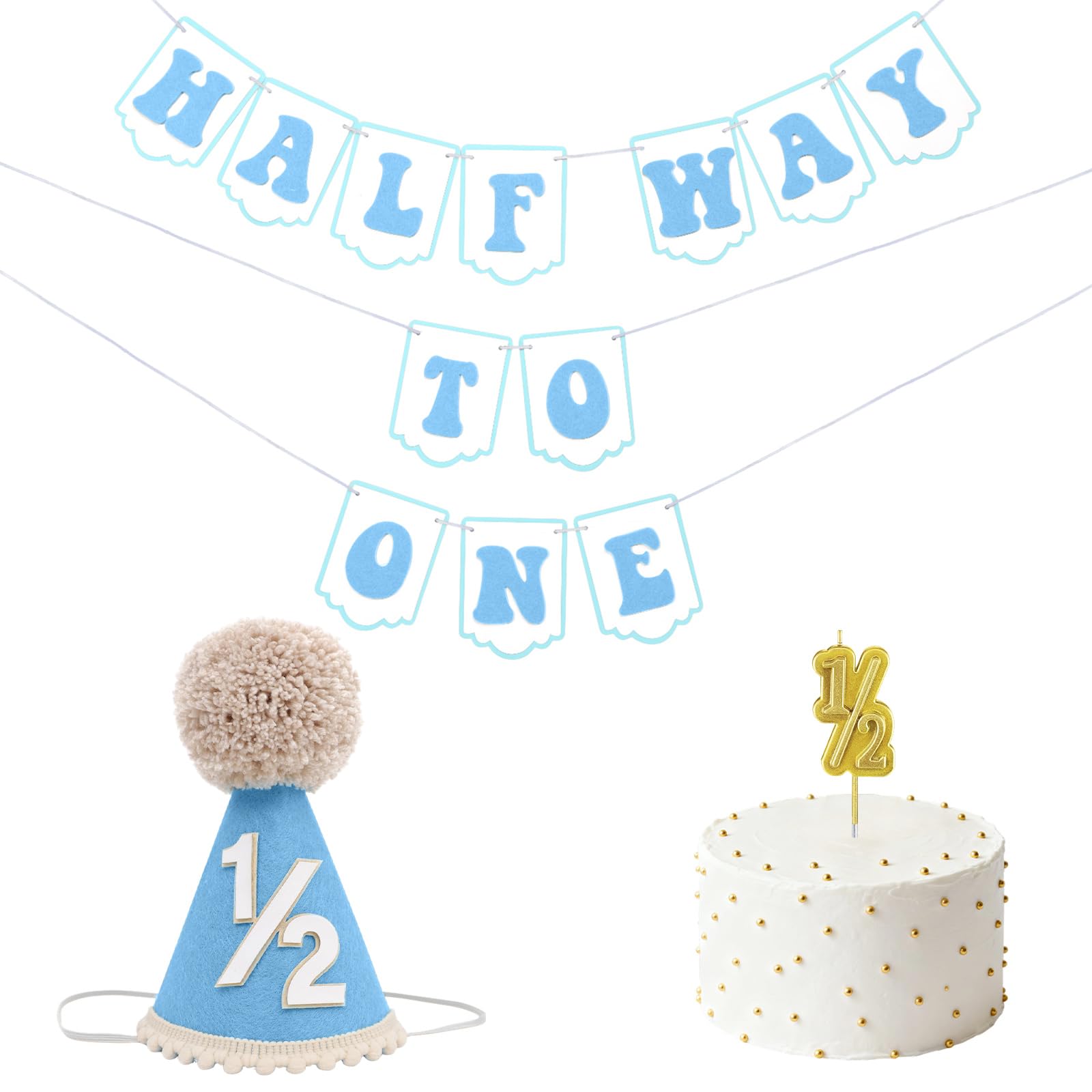 Photo 1 of 1/2 Birthday Boy Half Birthday Decorations - Half Way To One Banner, 1/2 Birthday Candles and Half Birthday Cone Hat for Boys 6 Months Birthday Decorations Party Supplies?Blue?