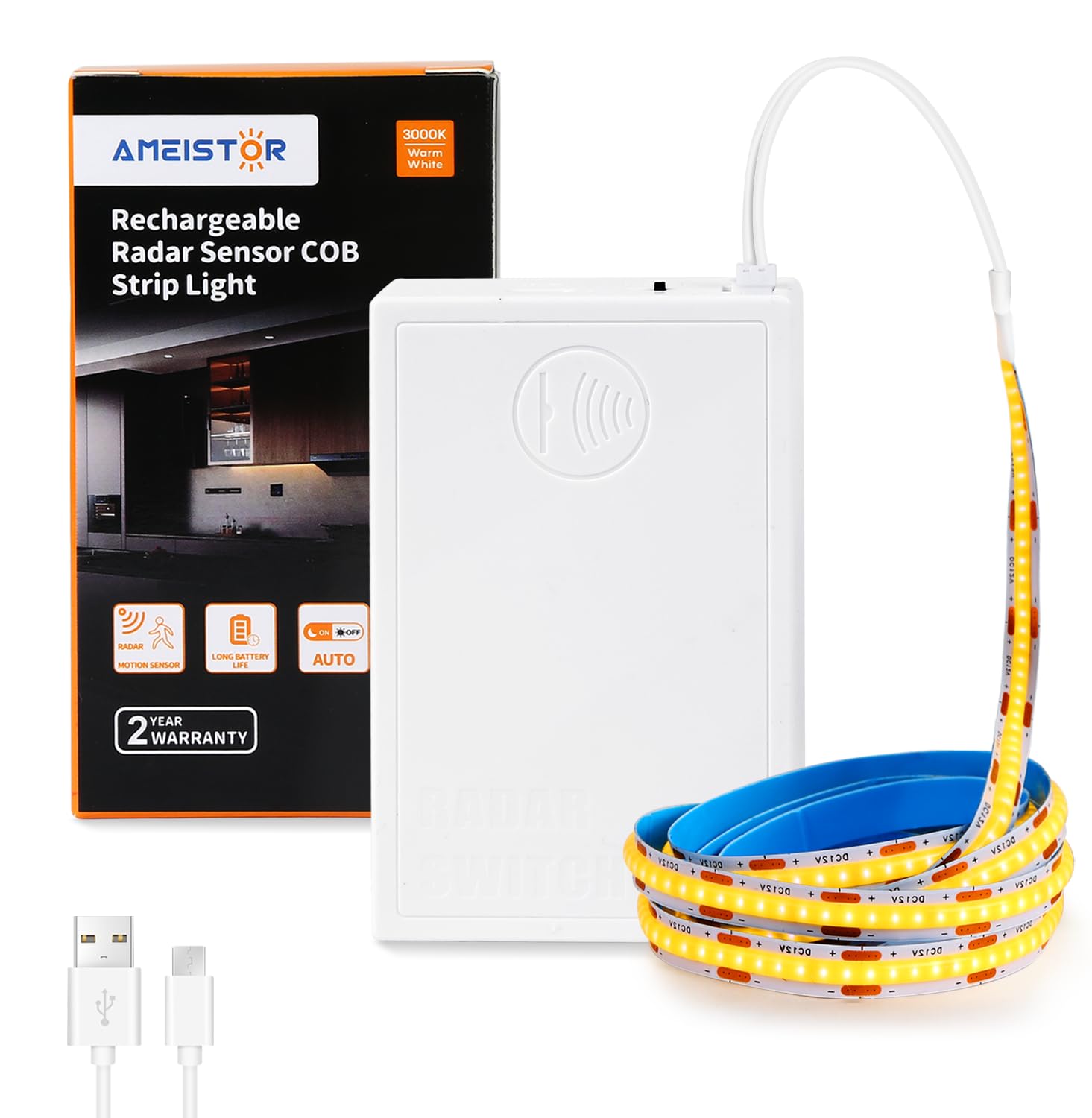 Wiederaufladbares COB-Streifenlicht mit Bewegungssensor, 6000 mAh, batteriebetriebenes Nachtlicht für Schrank, Speisekammer, Unterschrank, 1 m, 3000 K Warmweiß