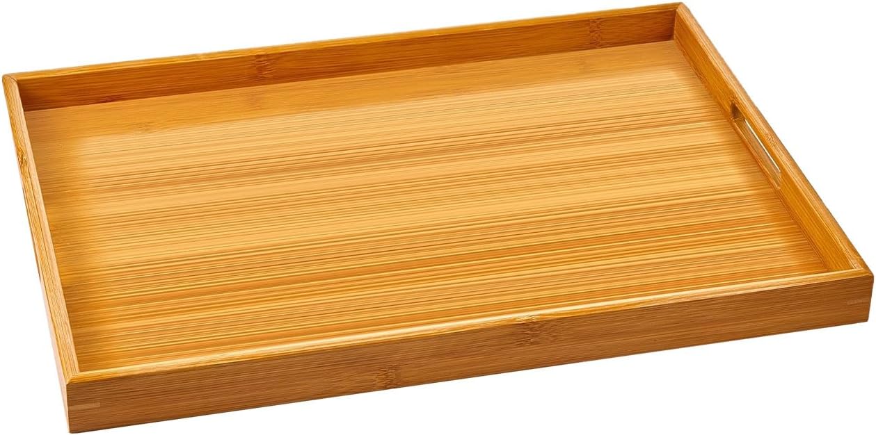 Wooden Tray Natural Bamboo with Built-in Handles 18×13in Large Capacity Kitchen Tray for Breakfast Dining Picnic Home Use