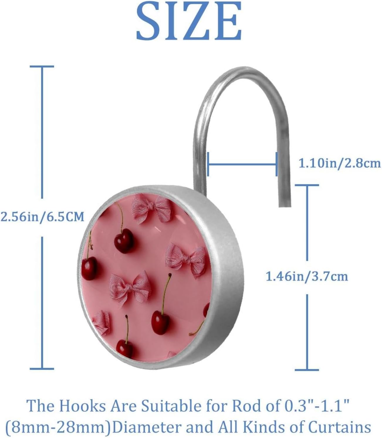 Pink Bows and Cherries on Pink Backgroun (1) Shower Curtain Hooks - Set of 12 Shower Curtain Rings - Shower Hooks for Bathroom Shower Rods Curtains and Liners