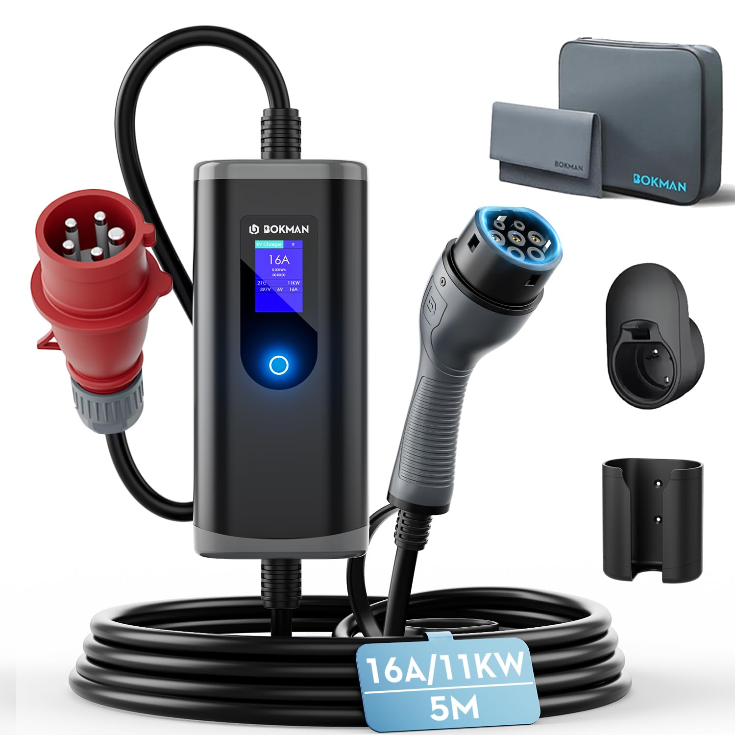 bokman Chargeur Voiture Electrique Type 2- Prise CEE(5 Broches) Portable EV Chargeur Station de Charge Mobile/Wallbox Ajustable 6-16A | 11kW | 5 Mètre, Compatible avec BEV et PHEV