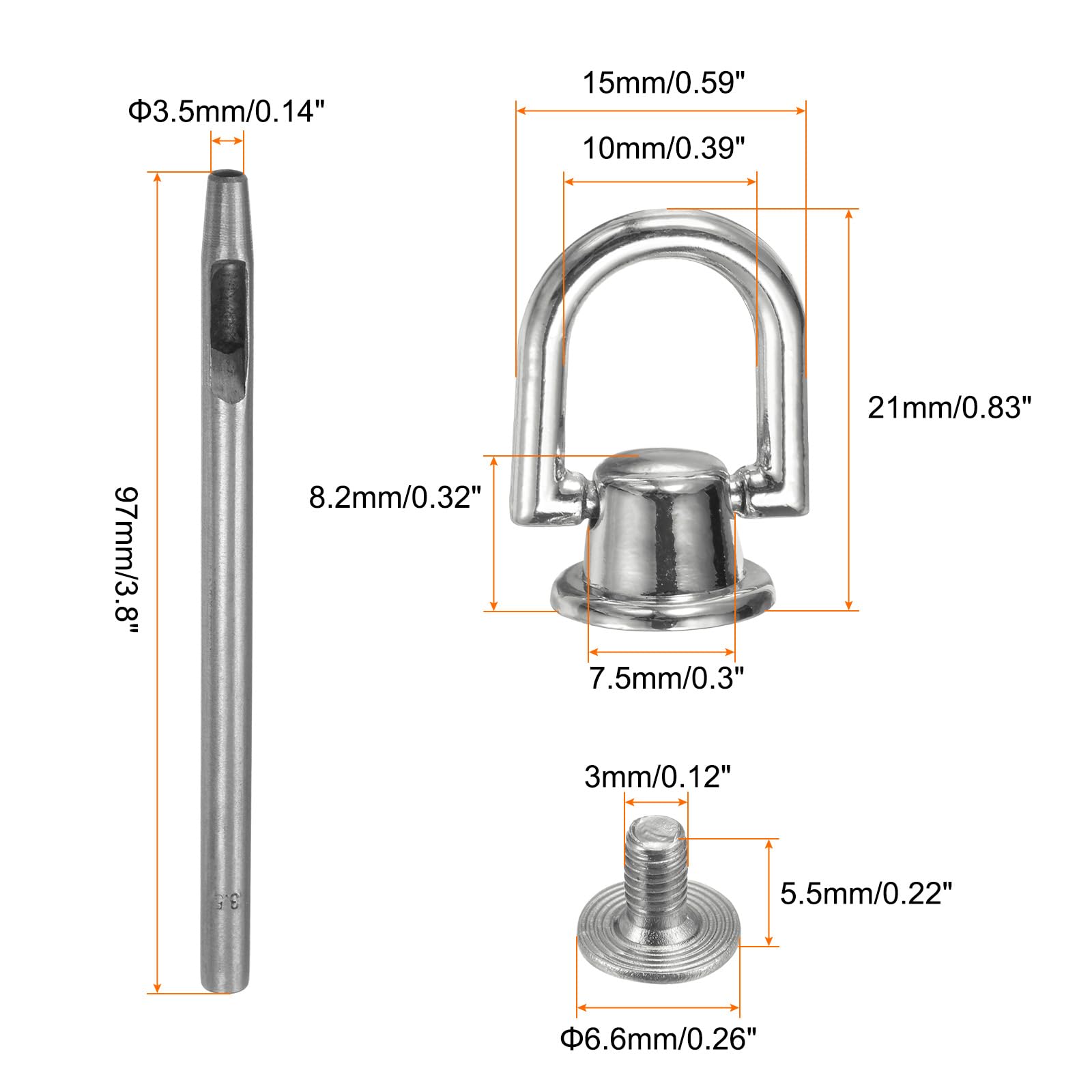 HARFINGTON 6pcs Metal Studs Rivets 6.6mm D-Ring Button Rivets with 3.5mm Leather Hole Punch for Leather Craft, Dim Gray