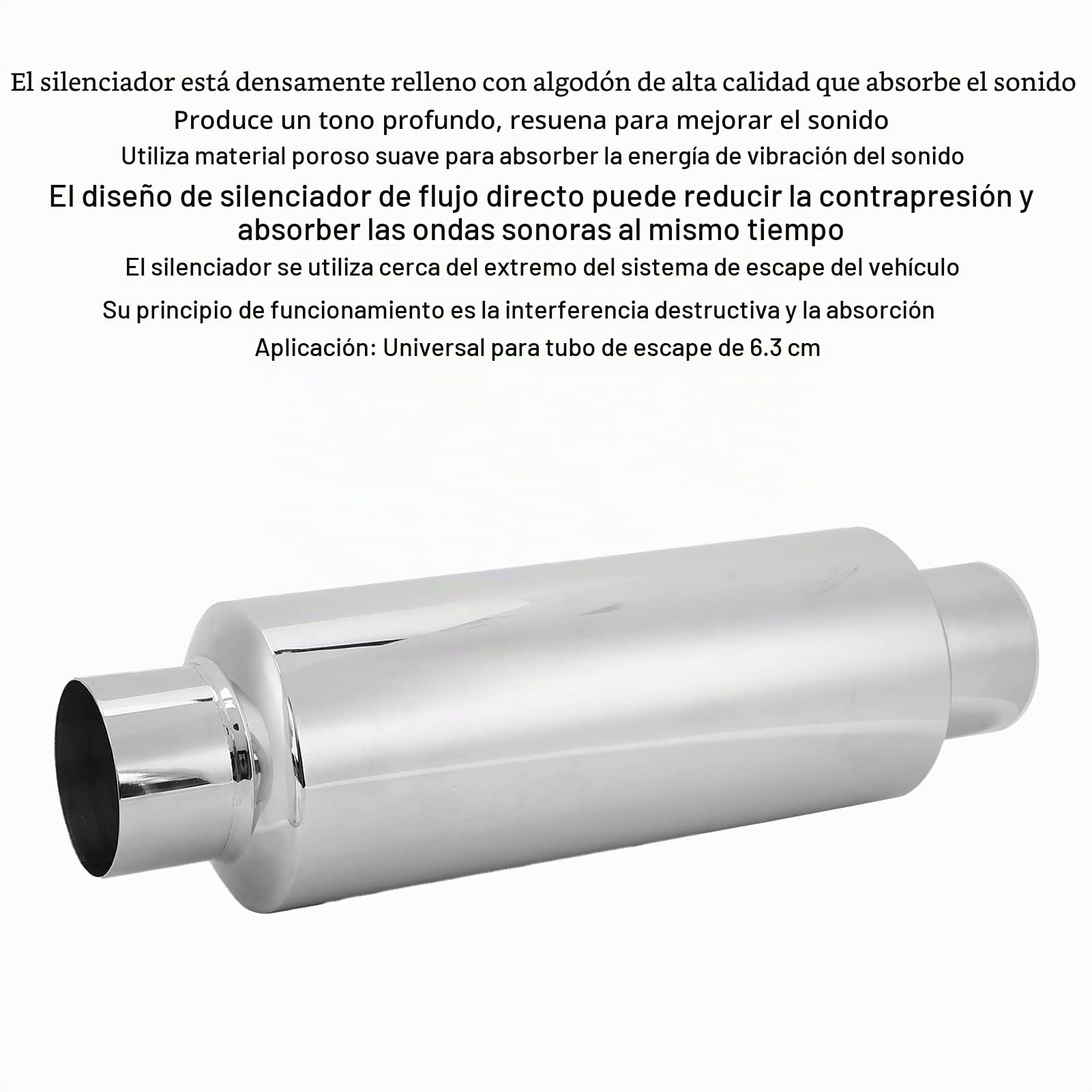 Silenciador de Escape de Automóvil de Acero Inoxidable Recto de 2,5 Pulgadas, Modificación de Silenciador Universal de Algodón