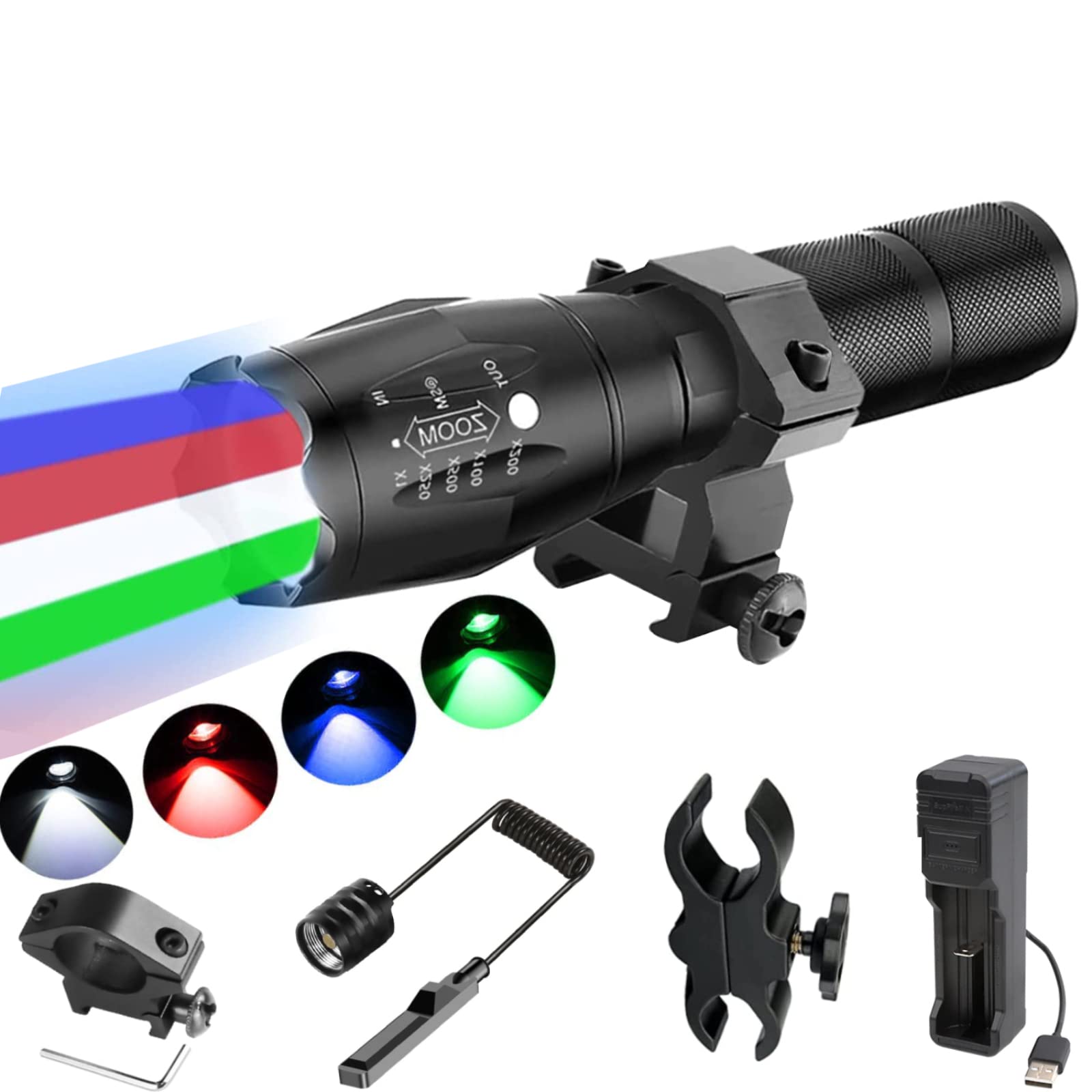 4 Color in 1 RGBW Lights LED Hunting Flashlighs,Tactical Flash Light with Universal Picatinny Rail Mount 1500 Lumen Predator Lights with