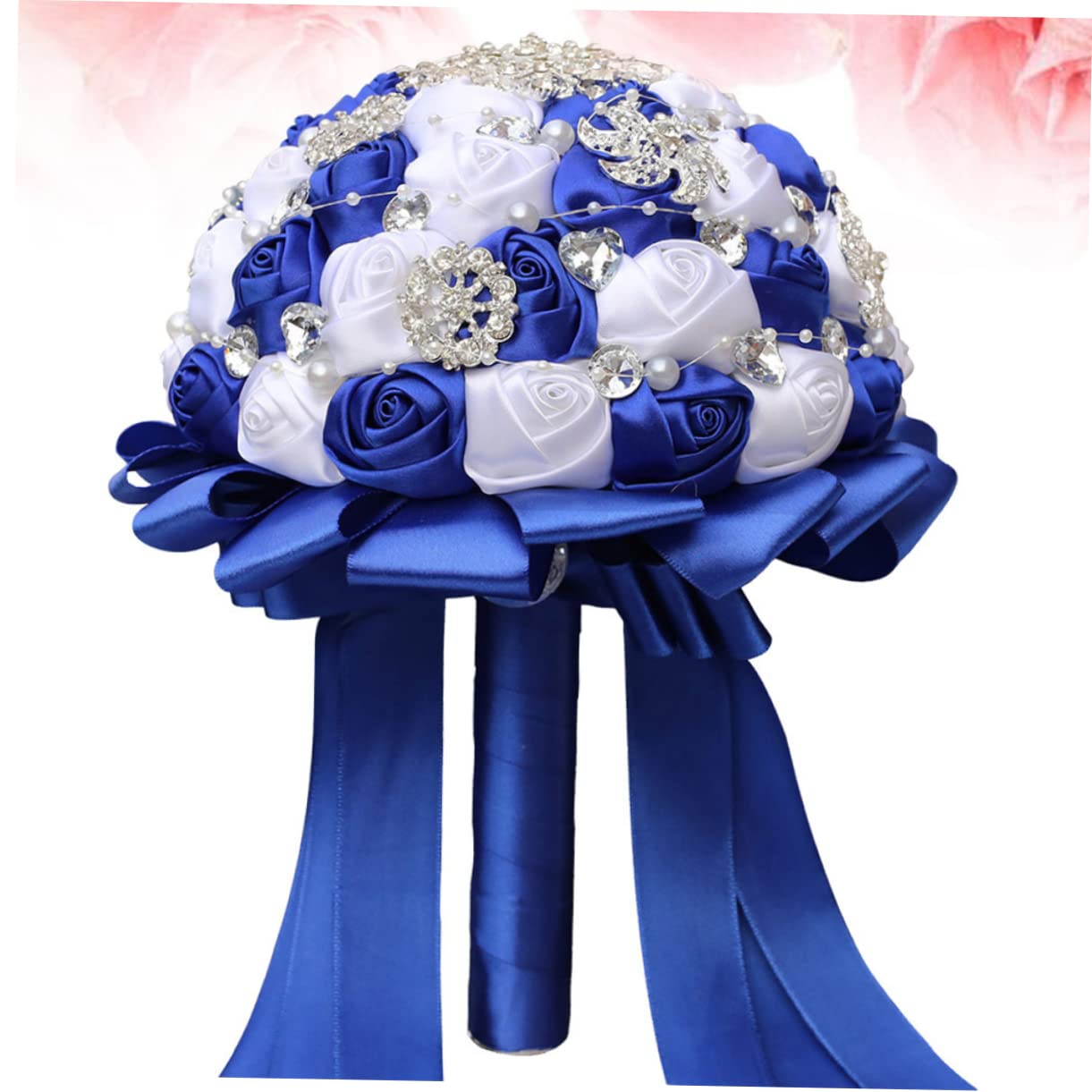 Cabilock Brautstrauß Schleife und Strasssteinen Weiß Blau als Brautblumen und Hochzeitsdeko Geeignet für Wohnzimmer Schlafzimmer und Hochzeit