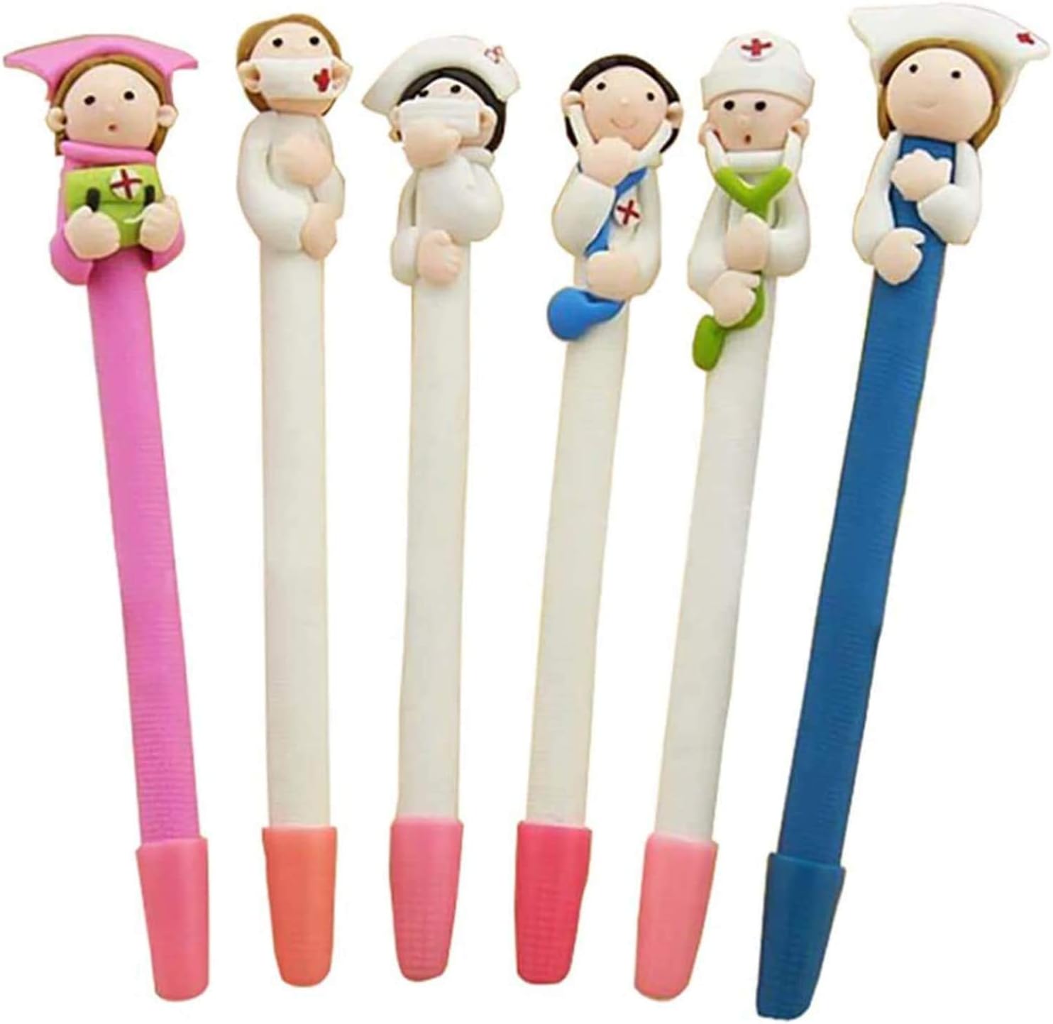 6Pcs Doctors and Nurse Ballpoint Pens Kawaii Novelty Lovely Cartoon Pen Bulk Black Ink 0.5mm