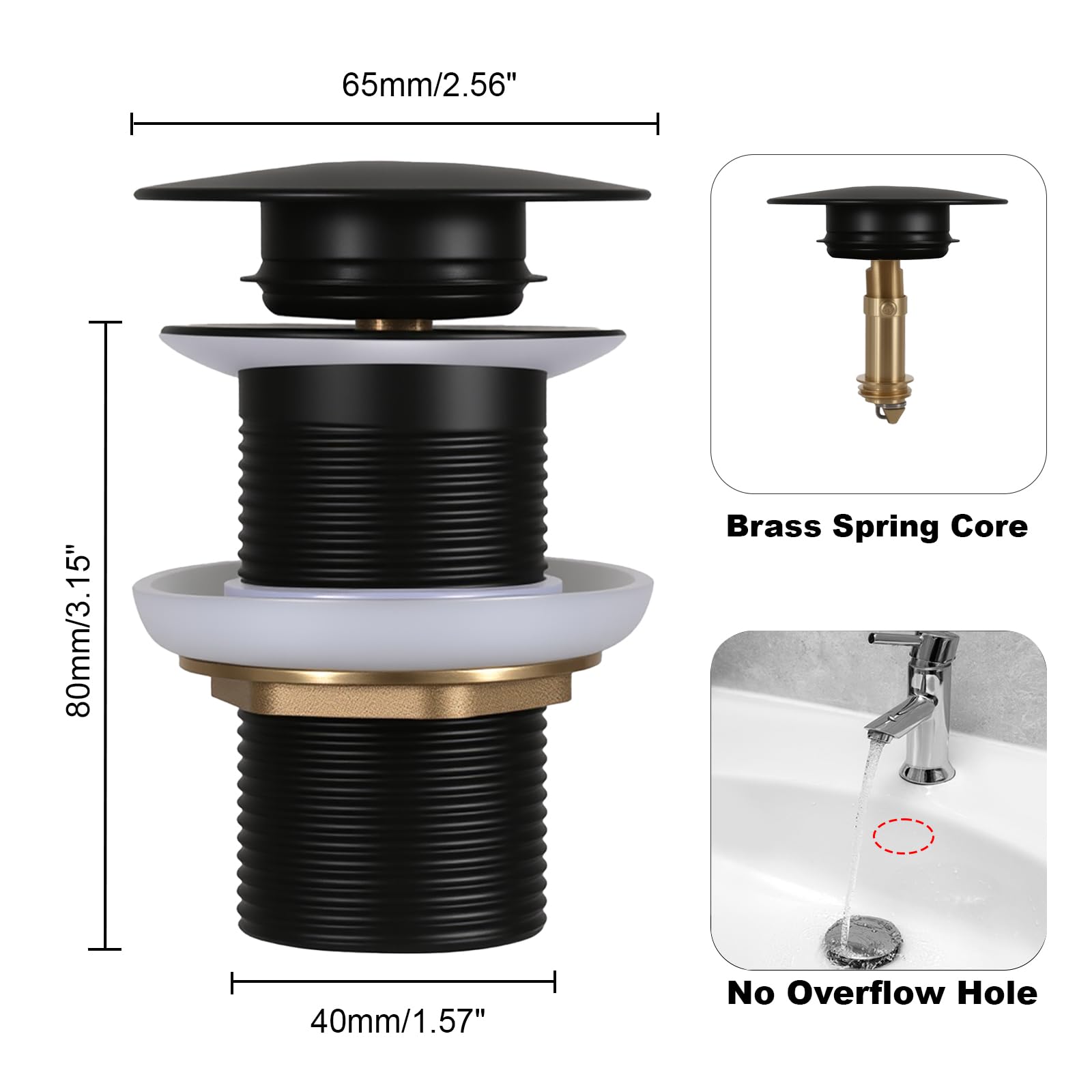 Sifón lavabo desagüe sin rebosadero – Acero inoxidable 304 Universal Sifón Lavabo Baño, Sifón Sifón Pop Up Desagüe, Sifón de Fregadero, Negro