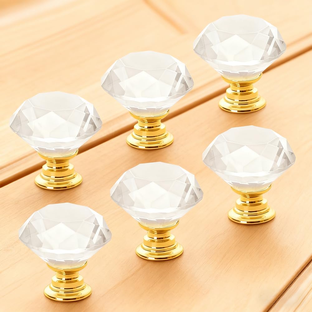 6pcs Drawer Knobs Diamond Shaped Crystal Glass 30mm Cabinet Knobs Pull Handles for Cabinets and Drawers (Gold)