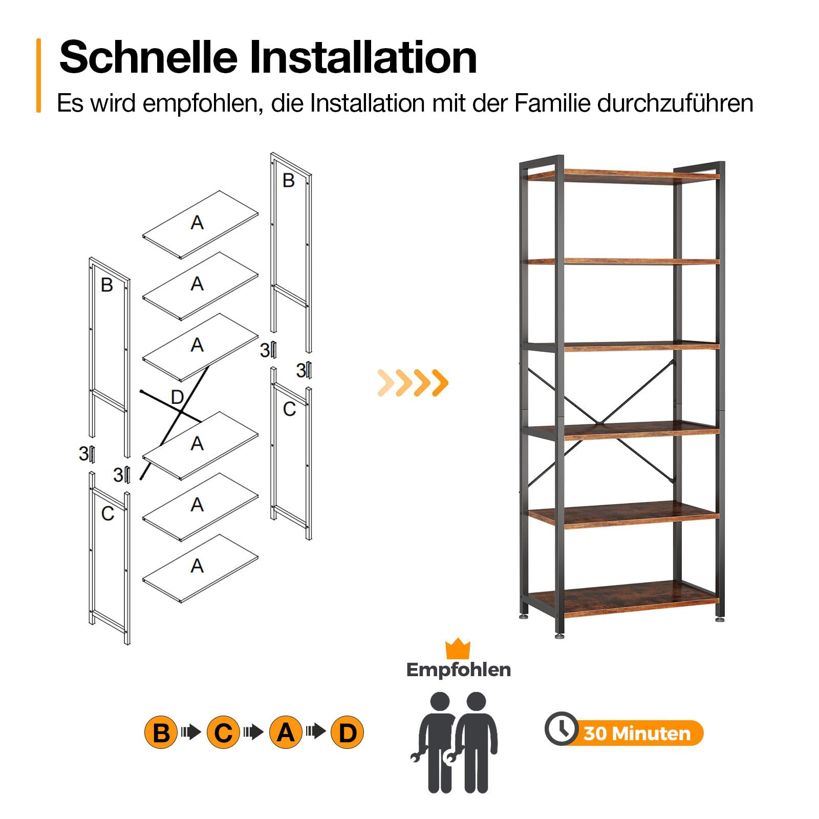 Coleshome 6 Ebenen Bücherregal, Industrie Regal 177cm Braun | Regal 51cm Kippschutz Kompakt Platzsparend Präsentieren Bücher Pflanzen Deko Wohnzimmer Schlafzimmer Büro