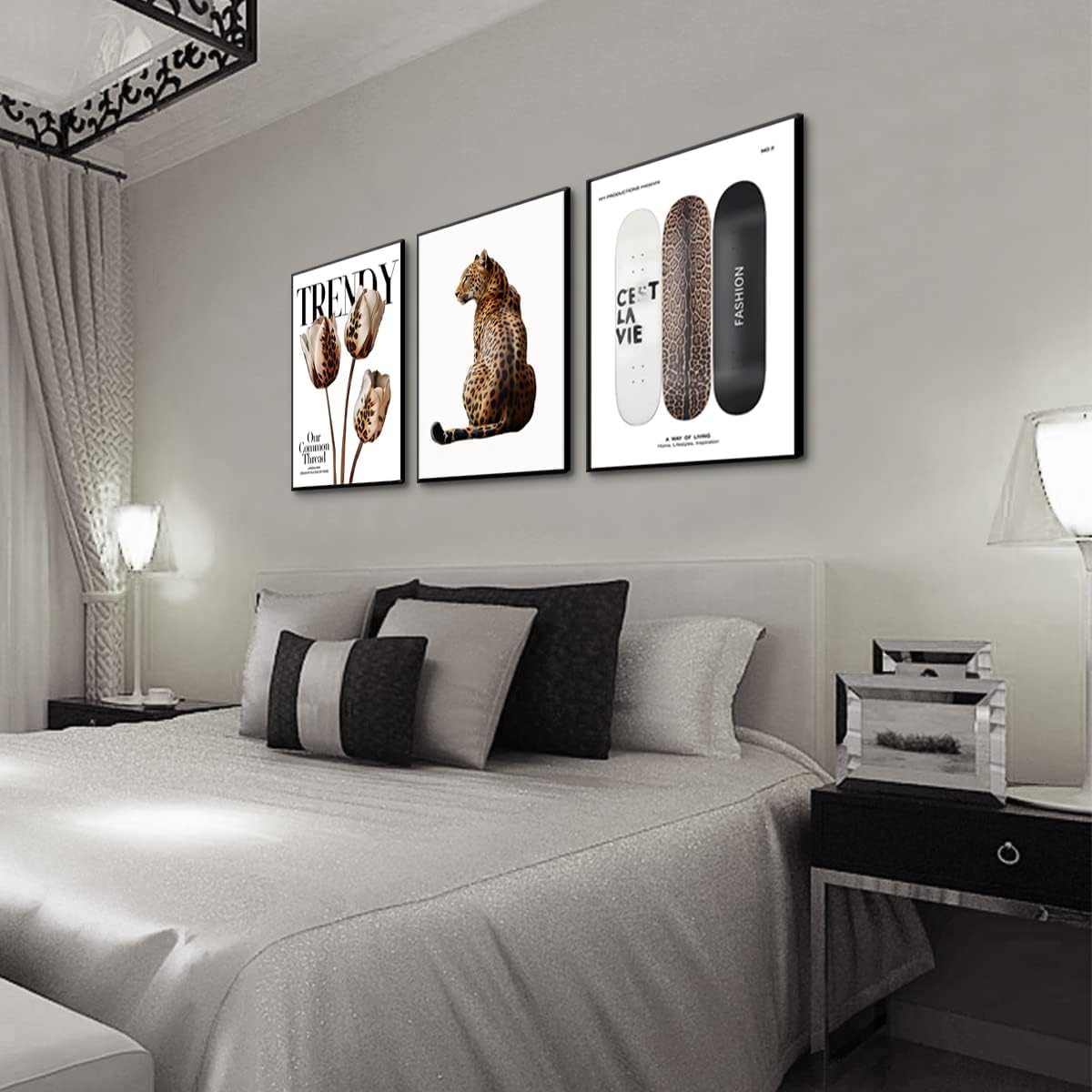 3Pcs Trendy Leopard Print Canvas Wall Art Picture Stylish Female Aesthetic Poster Cheetah Printed Preppy Fashion Skateboard Wall Decor for Bedroom Apartment Dorm Living Room 16x24in Unframed poster