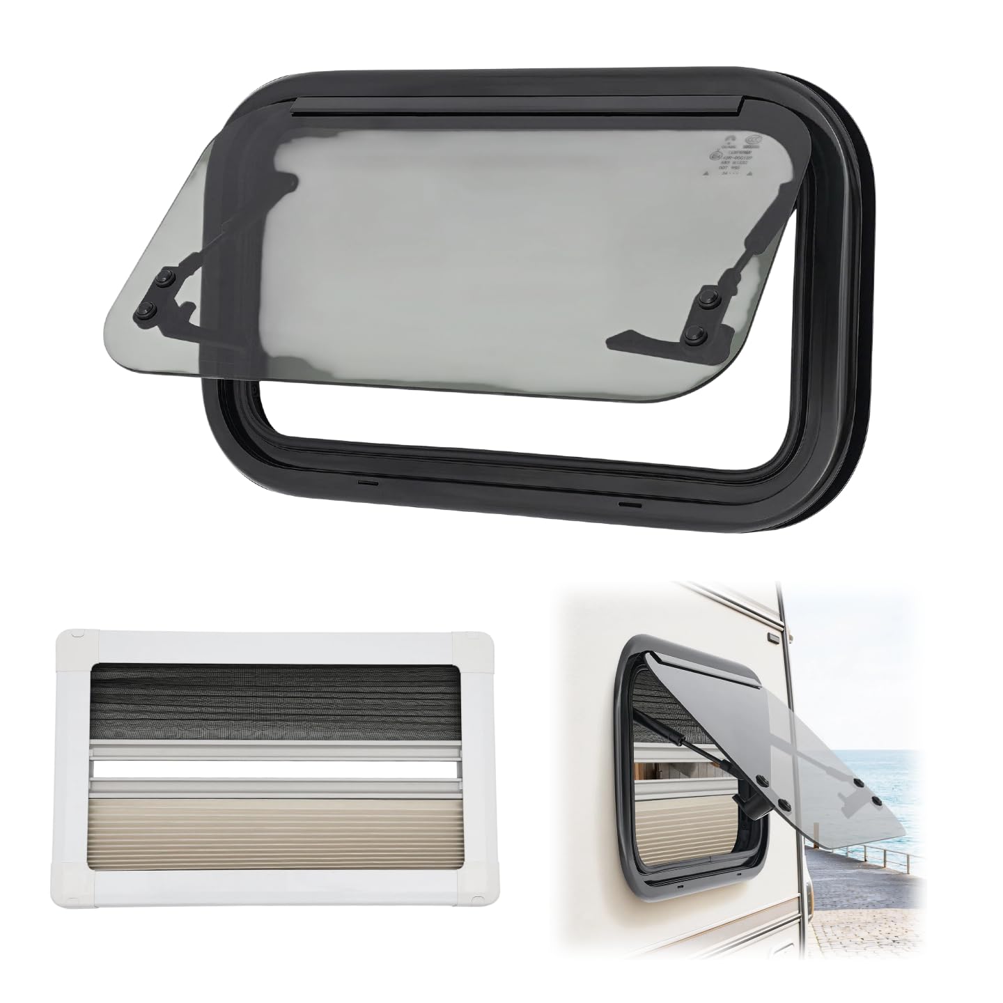 Ventana de exhibición para autocaravana, 500 x 300 mm, con cremallera, con protección solar, ventana lateral de aluminio, para RV, caravana, caravana, camper (redondeos)