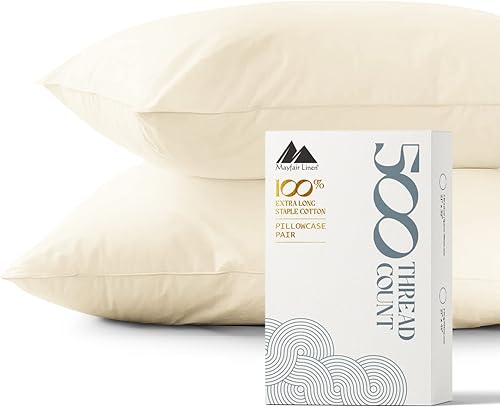 Miniatura 8 de Juego de 2 fundas para almohadas de 500 hilos tamaño Queenestándar hecho 100 % de algodón puro, natural y fresco para dormir, con calidad de algodón