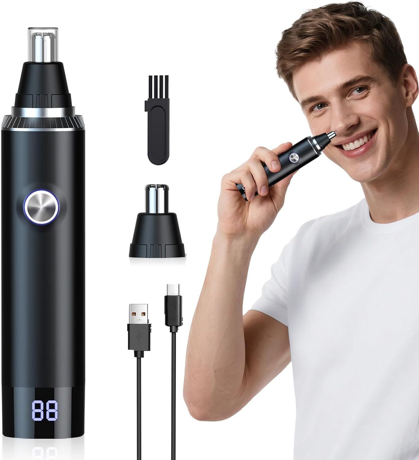 ear and nose hair trimmer for men and women with led display,usb rechargeable facial hair remover with powerful motor and dual-edge blades,painless, easy cleansing 14500 rpm (black)