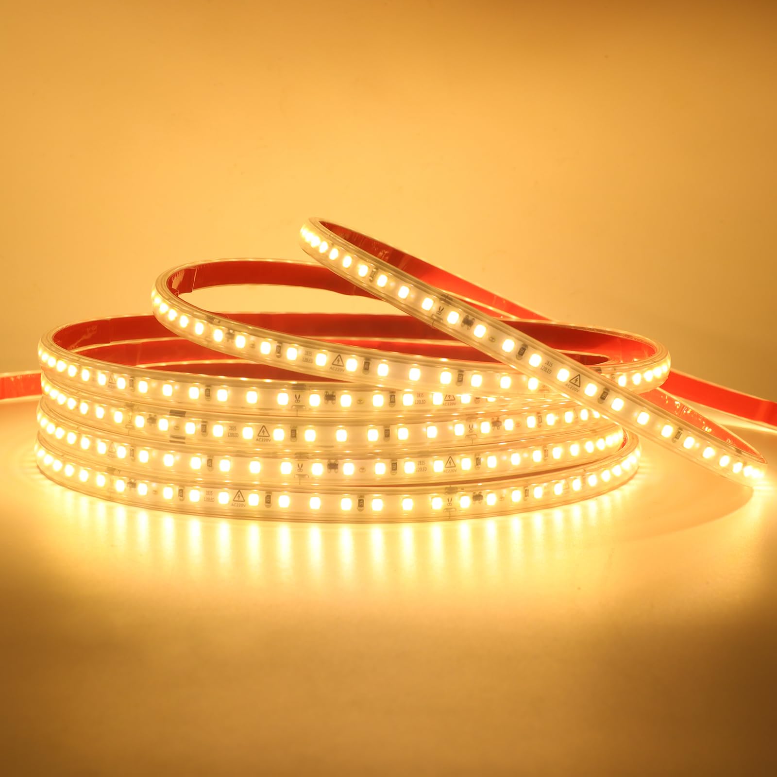 KAFULA 120LEDs/m LED Light Strip self-Adhesive, 220-240V Waterproof Flexible LED Rope Light CRI85+ 19M Warm White 3000K SMD2835 Bedroom Cabinet Kitchen Decoration LED Fairy Light