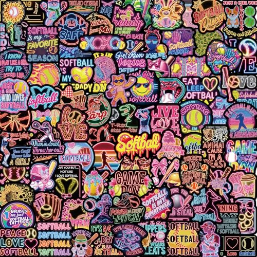 105Pcs Neon Softball Stickers Motivational Soft Ball Decorations Vinyl Decals for Water Bottle Laptop Luggage Helmet Sport Party Favors Birthday Decor