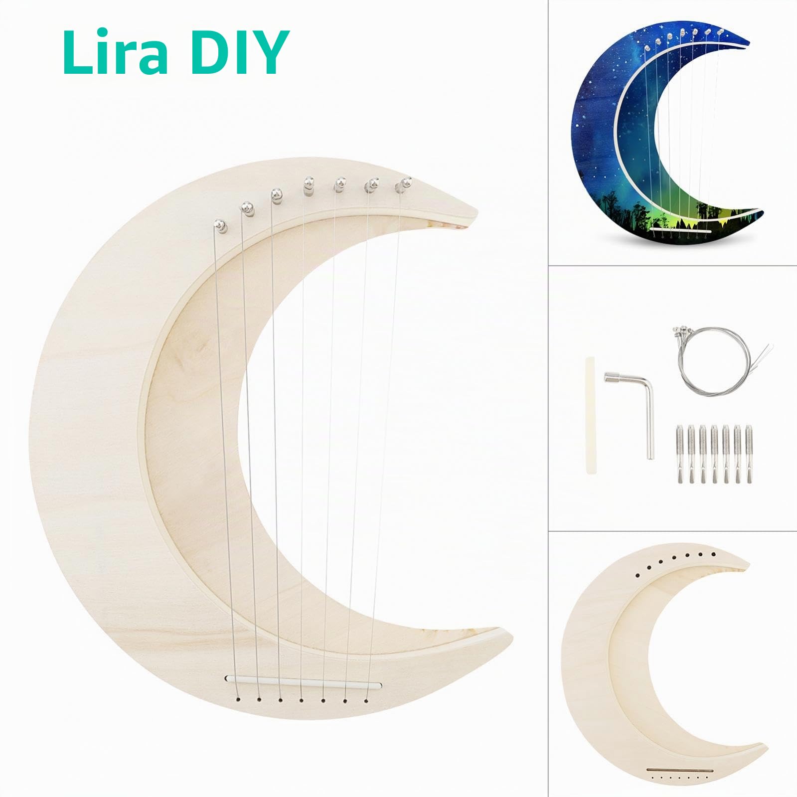 Arpa de lira de 7 cuerdas, instrumento musical de arpa de lira en forma de luna, instrumentos de cuerda de arpa de madera, arpa de lira de luna, arpa para hacer tu propia madera de tilo