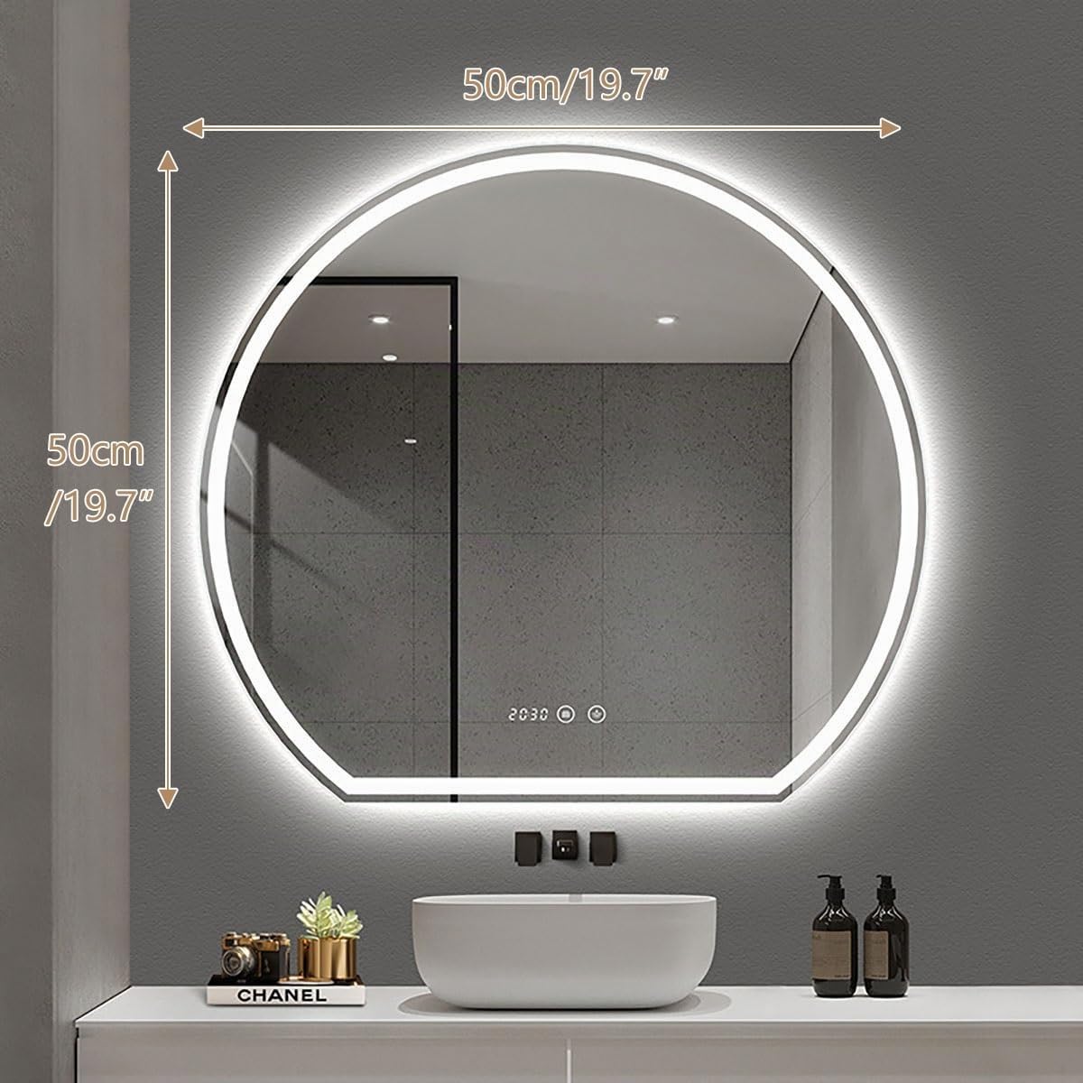 Specchio Semicerchio Con Led, Semicerchio Specchio Da Bagno, Specchio Da Bagno Semicerchio Con Retroilluminato, Anti-Appannamento, Tri-Colore Dimmerabile Con Retroilluminazione, Specchio Da Parete(50*