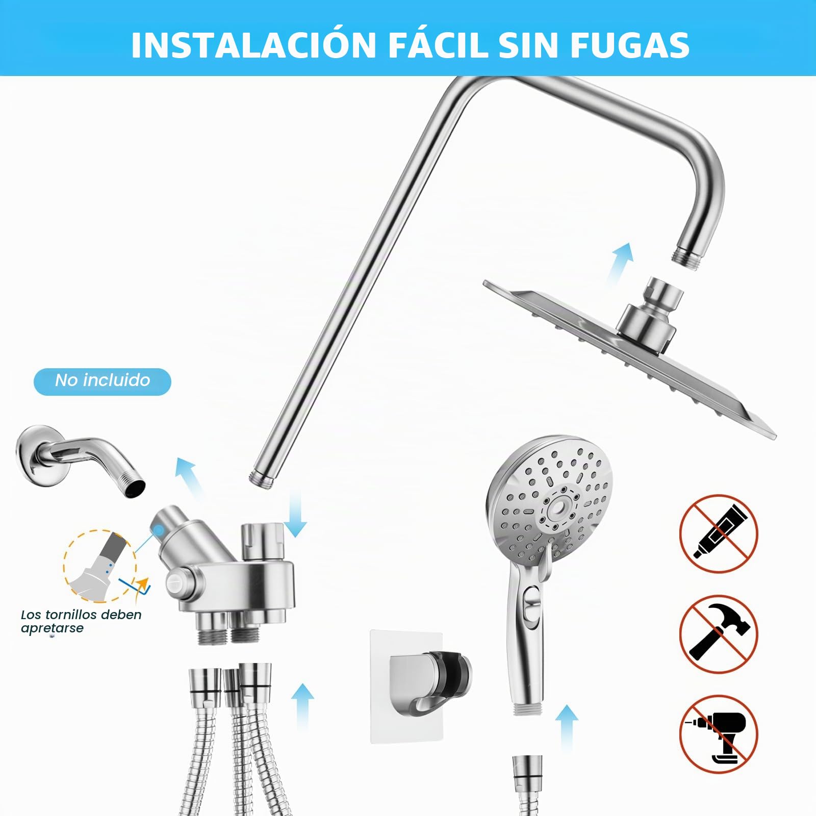 Ryamen Combo de cabezal de ducha doble, cabezal de ducha de lluvia de alta presión de 8 pulgadas con rociador de mano, cabezal de ducha de mano de 6 ajustes, barra deslizante ajustable de 15 pulgadas