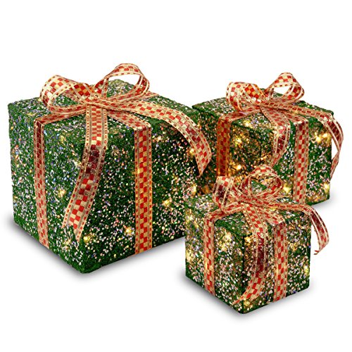 National Tree Company Pre-lit Artificial Christmas Décor 3-Piece Set | Includes Pre-strung White Lights | Sisal Gift Boxes