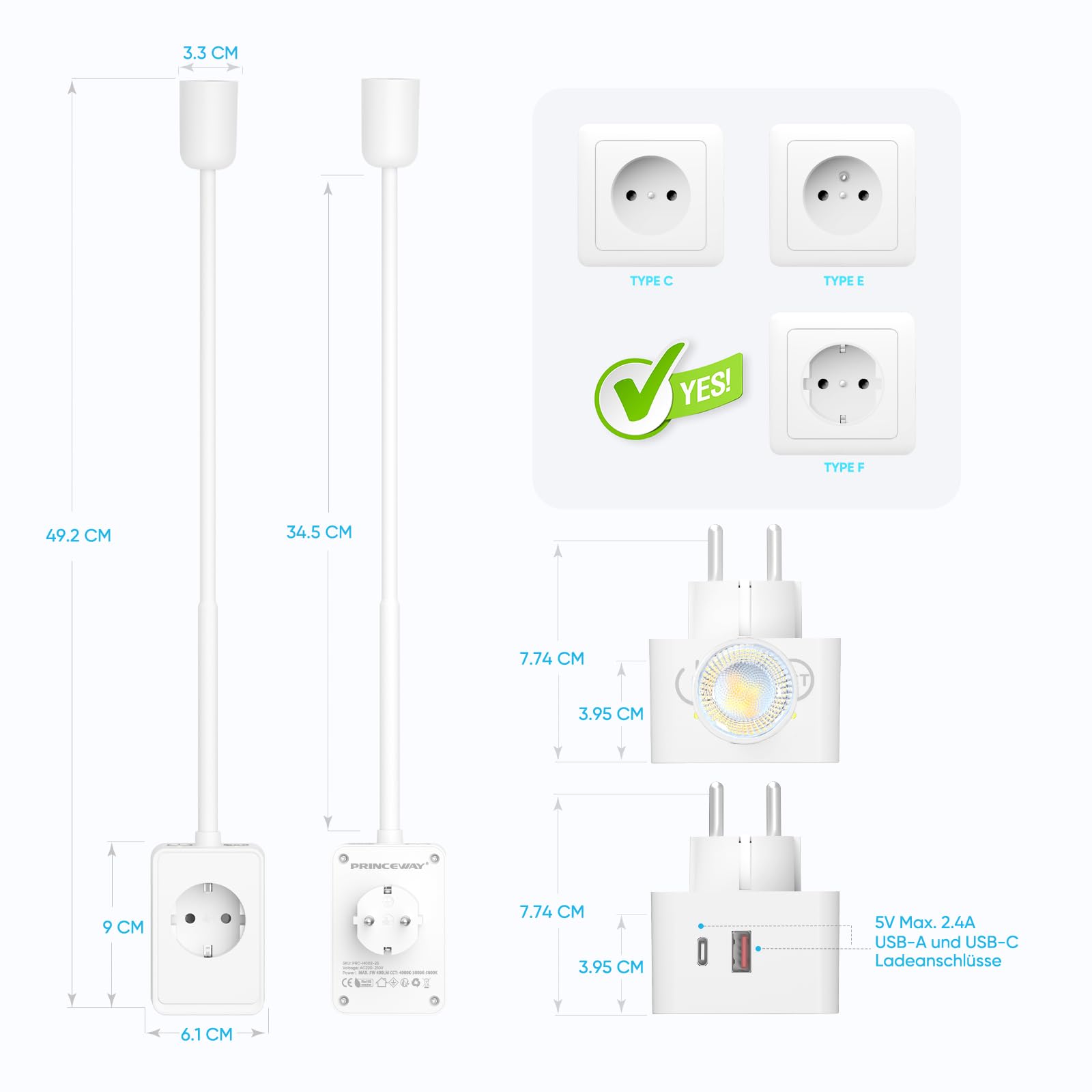 LED Strahler Wandleuchte Dimmbar Weiß mit Stecker und Steckdose, USB Ausgangslade Anschlusse, 2er Pack Steckdosenlampen LED für Schlafzimmer, Zwei Berührungsschalter, 3er Lichtfarben