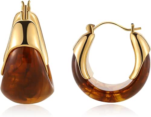 Amber Resin Hoop Earrings for Women 14k Gold Plated -