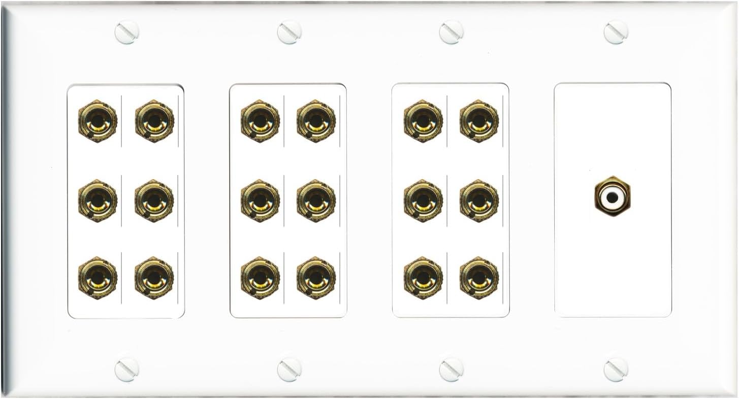 RiteAV 9.1 Surround Sound 9 Speaker 18 Banana Plug Jack Wall Plate w/RCA Subwoofer Female Connector - 4 Gang [Black]