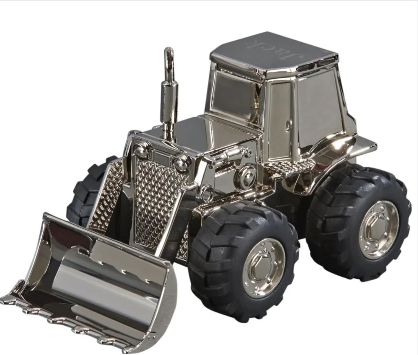 Personalized Front End Loader Tractor-Silver Piggy Bank for Baby, Engraved Unique Coin Baby Bank for Kids and Children, Newborn Custom Gifts