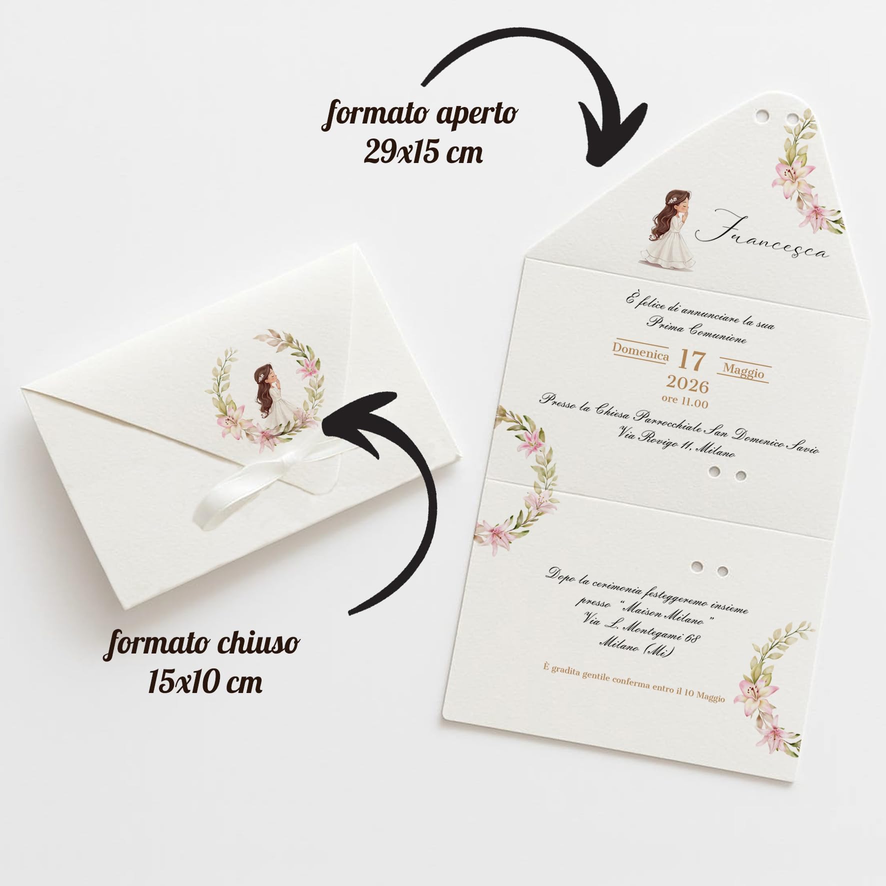 PV Grafik® 15 Inviti Prima Comunione Bambina Personalizzati, Busta con Nastrino, Partecipazione Comunione Bimba, Formato 15x28 cm, Personalizza e scegli la quantità. (C15)