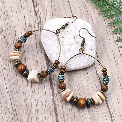 Vintage Boho Dangle Earrings Bohemian Ethnic Shell Wood Bead Disc Statement Drop Earrings For Women Girls(Big Round Earring) #TOP2