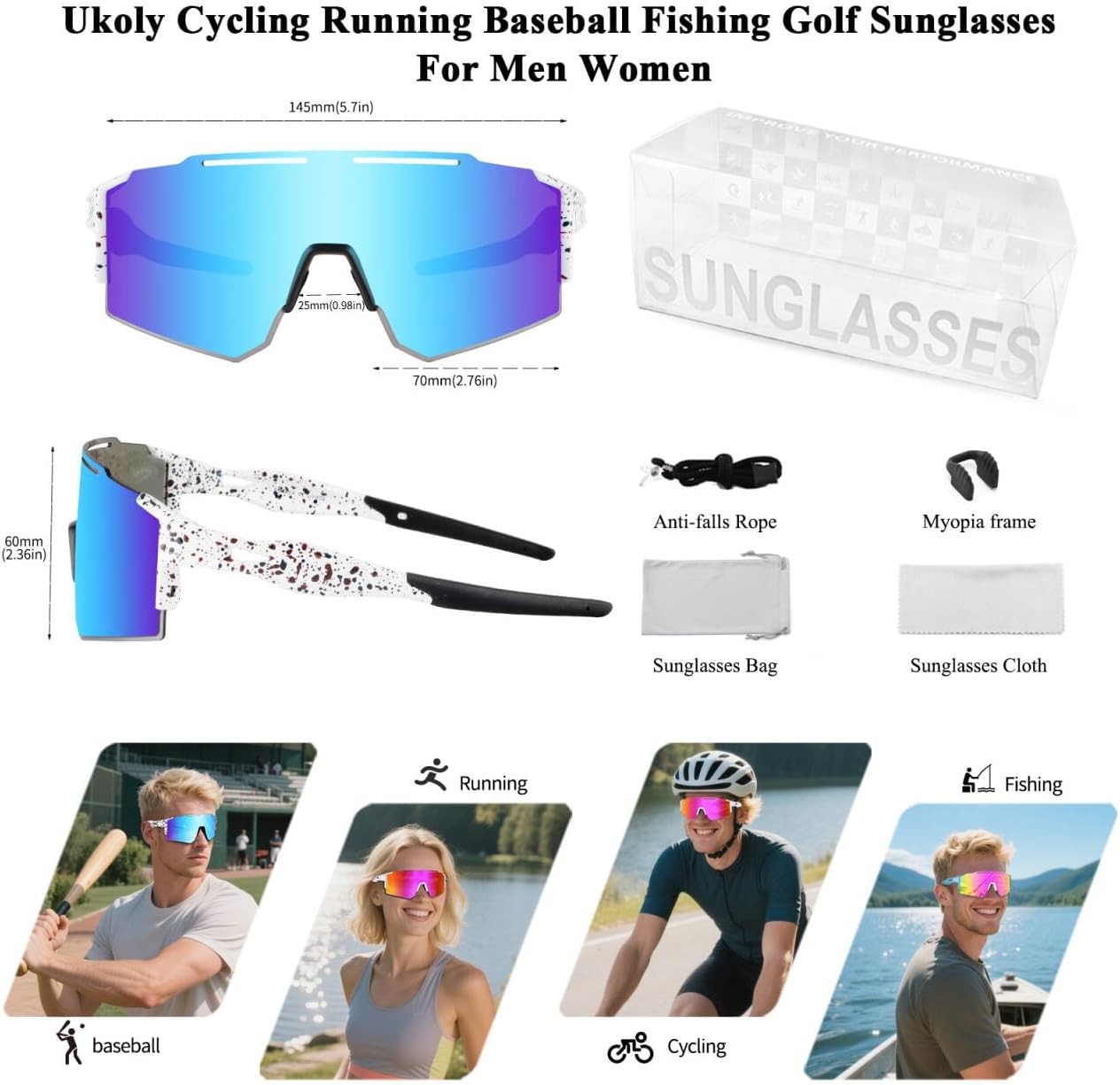 Ukoly Cycling Sunglasses for Men Women with 3 Interchangeable Lenses, Polarized Sports Sunglasses, Baseball Sunglasses