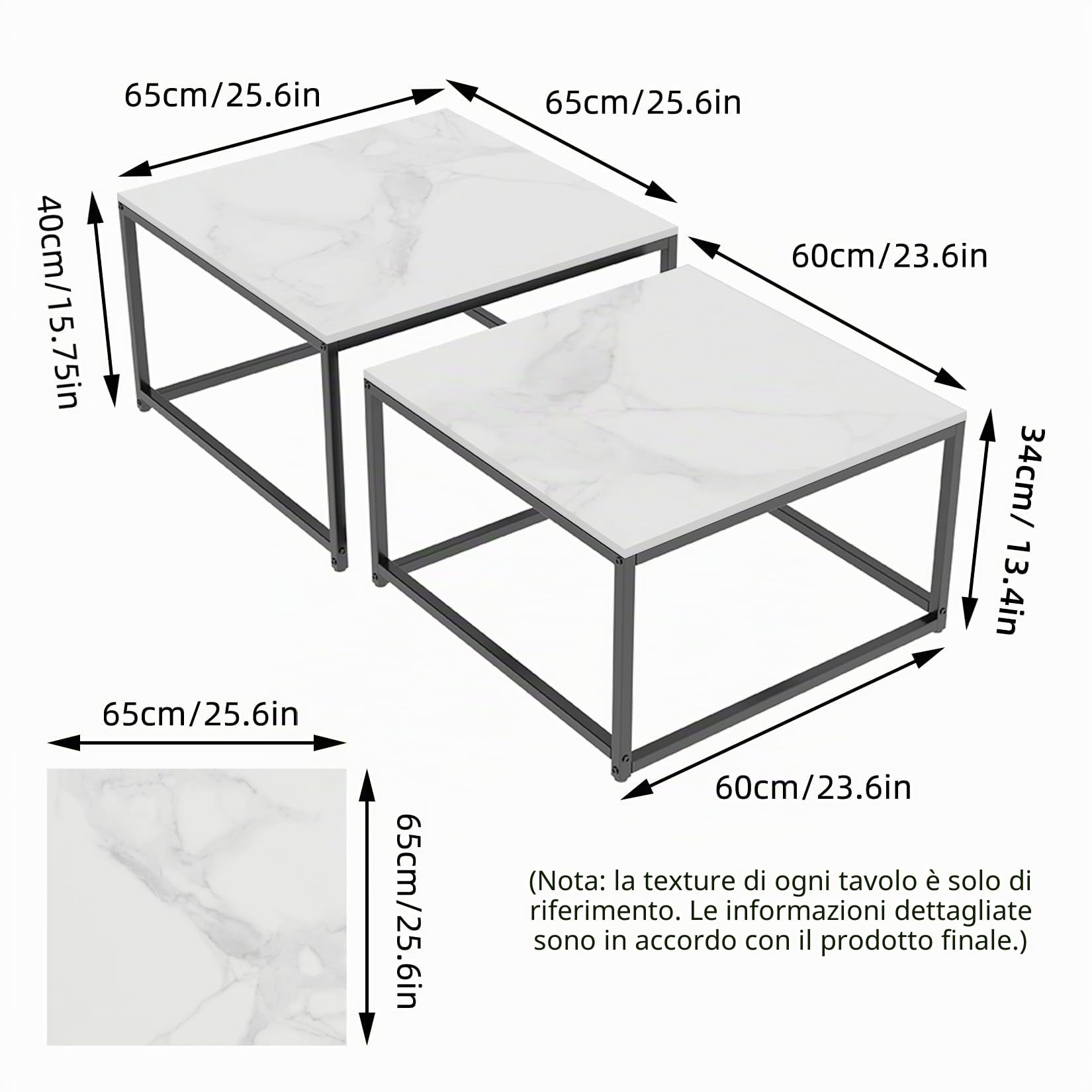 Ceramica Set di 2 Tavolini da Caffè Bianco Quadrato Tavolino da Salotto